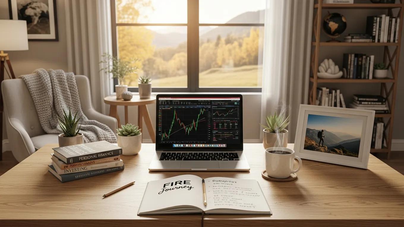 Cozy home office scene illustrating financial independence and the FIRE concept Cozy home office scene illustrating financial independence and the FIRE concept