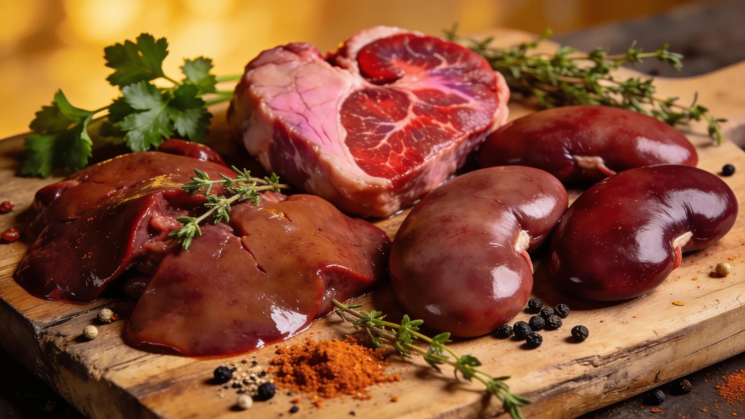 Diverse selection of organ meats including liver and heart on a wooden cutting board with herbs, emphasizing nutritional benefits