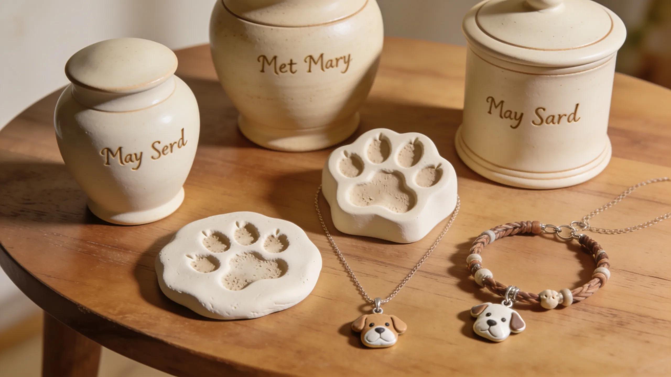 Various memorialization options including urns, paw prints, and jewelry for pet aftercare