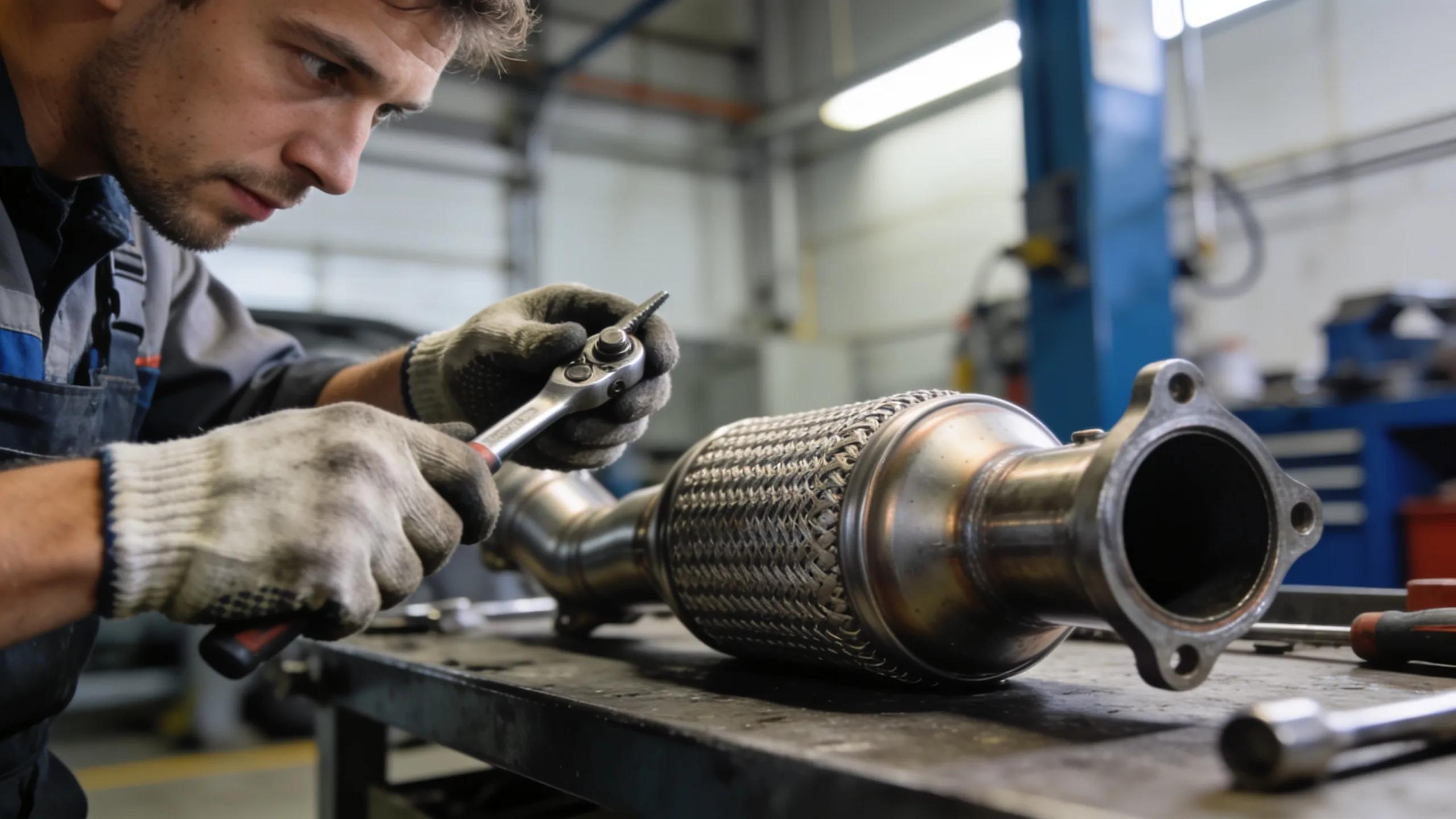 Mechanic examining a catalytic converter in an automotive workshop, highlighting vehicle maintenance importance Mechanic working on catalytic converter replacement and repair.