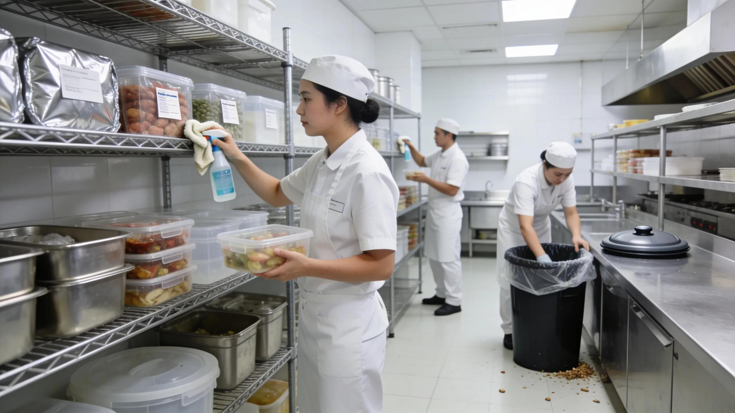 Clean commercial kitchen setting being prepared for health inspection with pest prevention measures in place