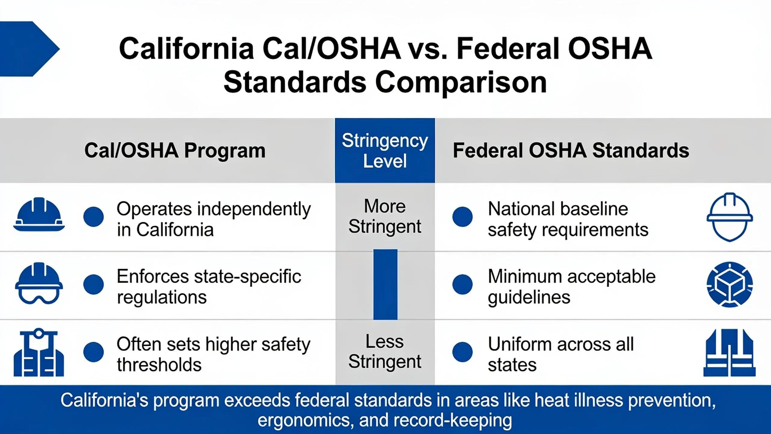 California operates its own Cal/OSHA program that is often more stringent than federal OSHA standards
