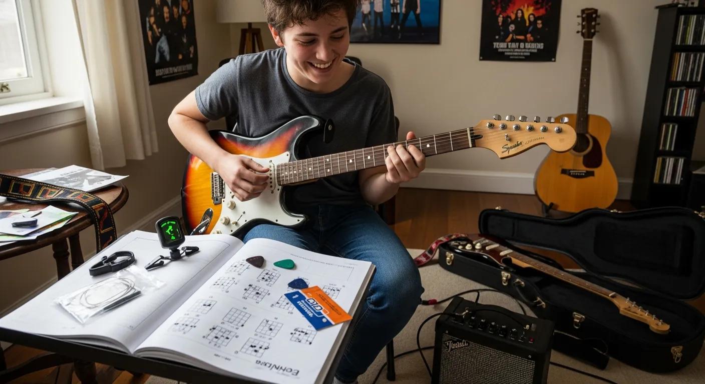 A beginner guitarist happily playing a budget electric guitar at home, surrounded by essential accessories for learning.