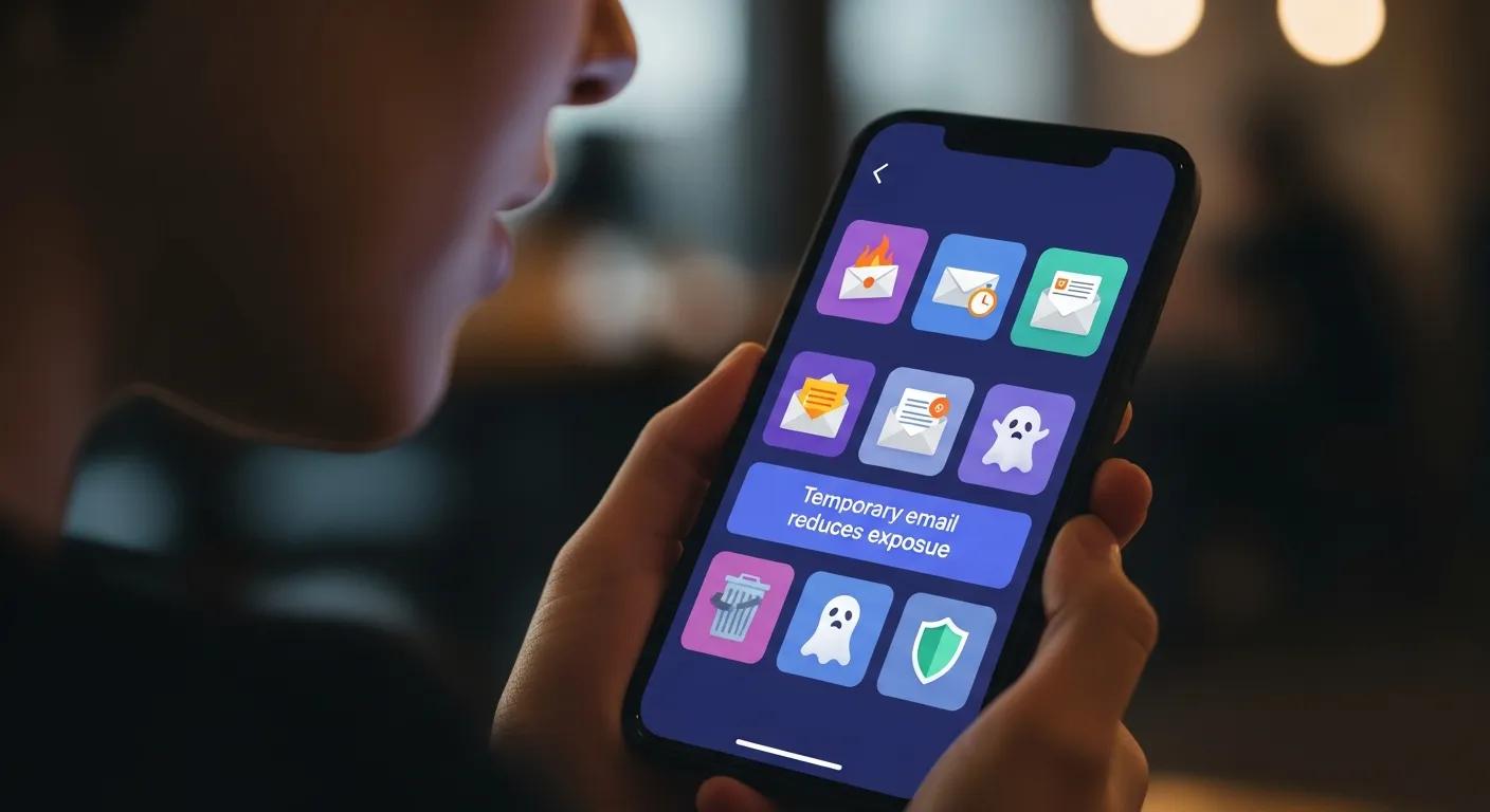 Person using a phone with disposable email icons — temporary email reduces exposure