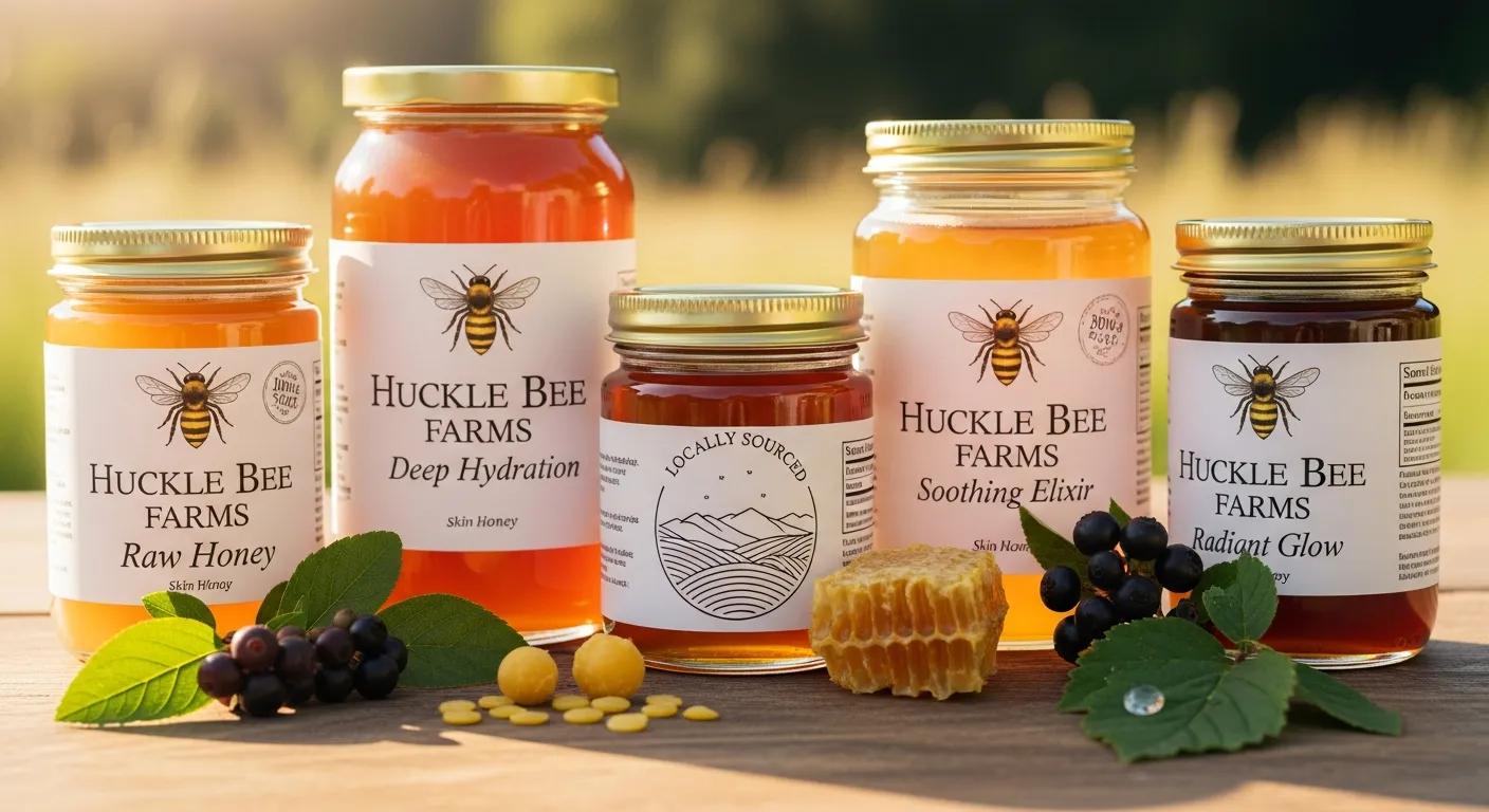 Varieties of Huckle Bee Farms' raw honey jars showcasing skin benefits and natural sourcing