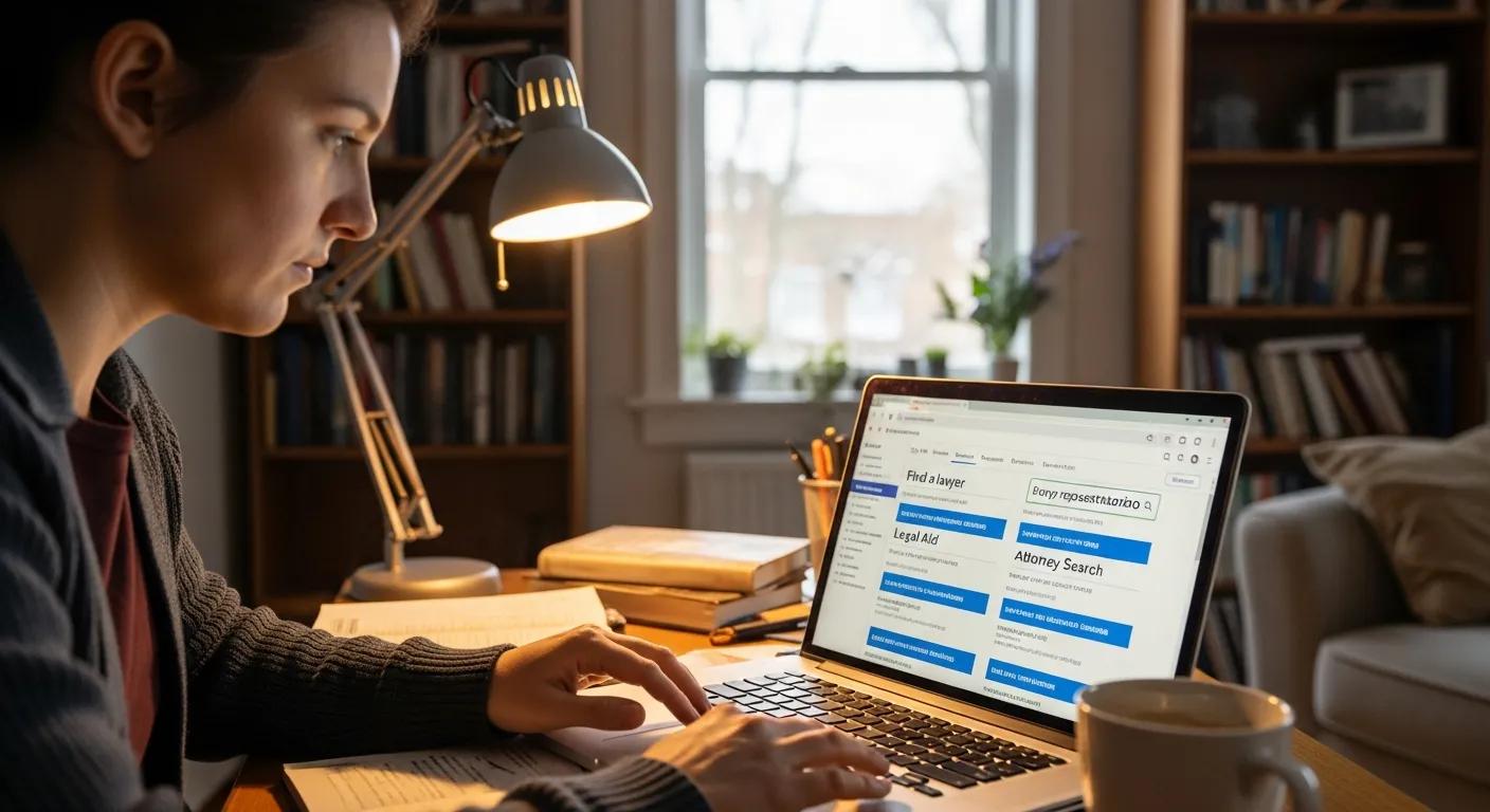 Person researching lawyers on a laptop in a home office, searching for legal representation