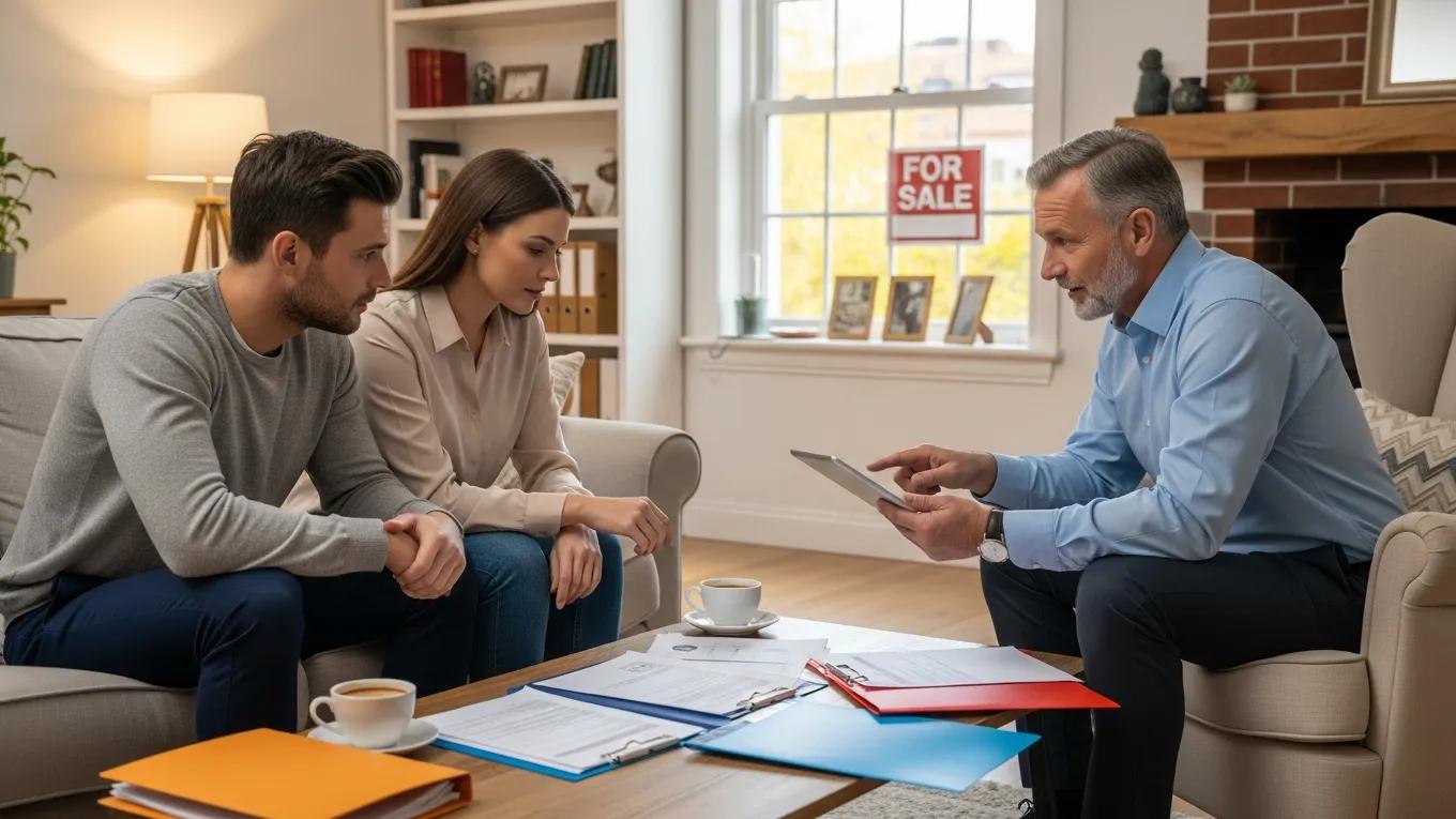 Couple discussing a short sale with a real estate agent in a cozy living room