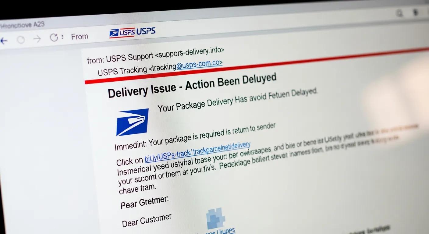 Close-up of a suspicious USPS email showing scam indicators