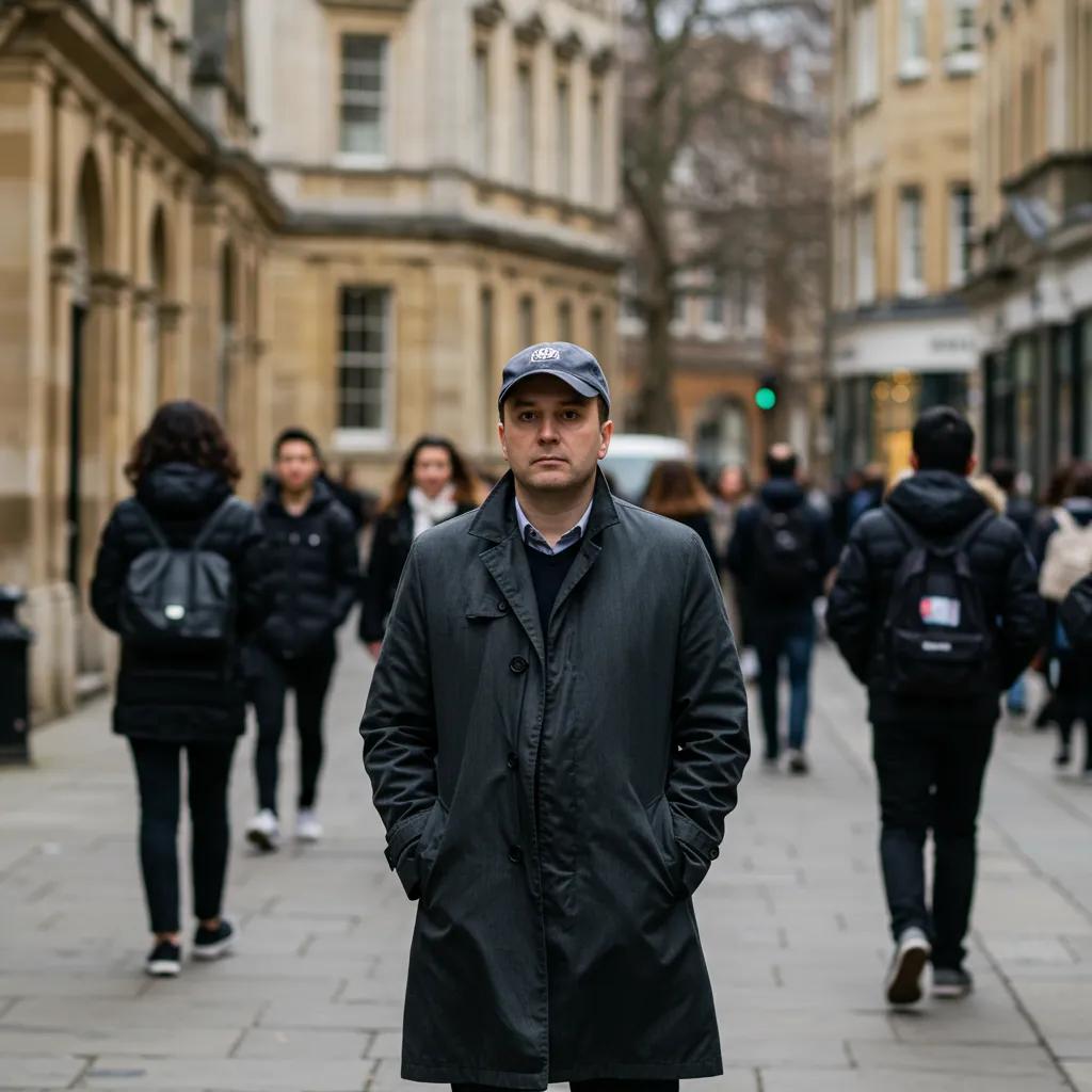 Investigator conducting discreet surveillance in a public area of Oxford