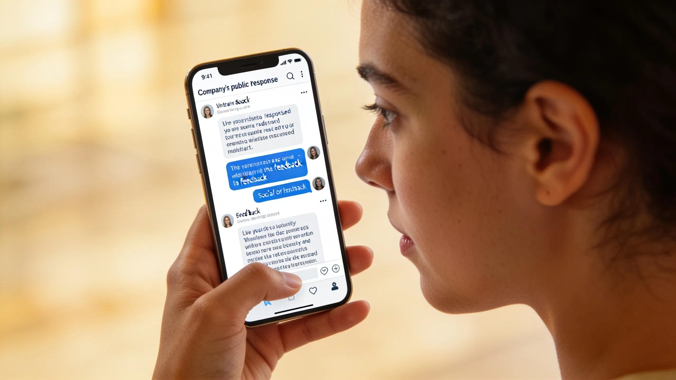 Customer engaging with a brand's transparent communication on social media via smartphone