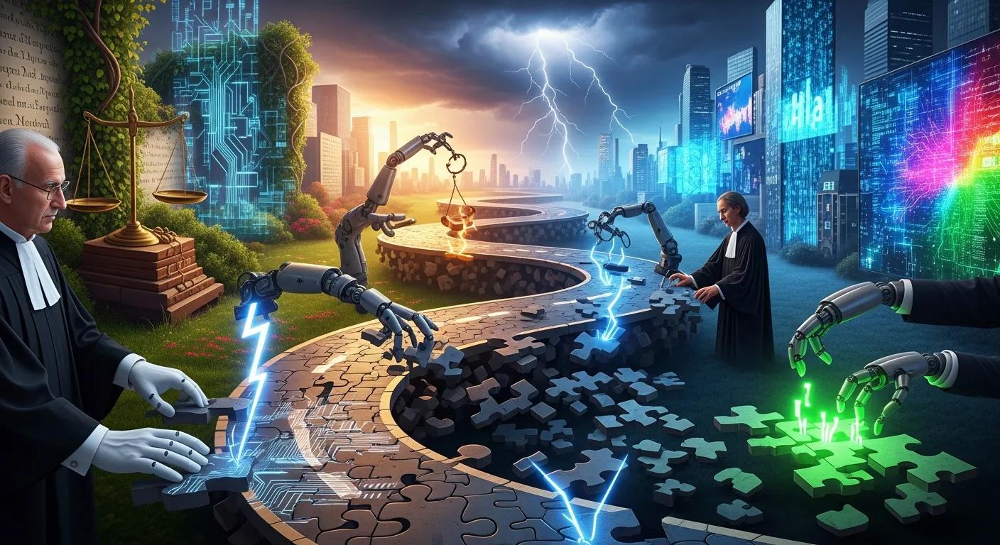 Visual metaphor of the shifting legal landscape for AI-generated content Visual metaphor of the shifting legal landscape for AI-generated content