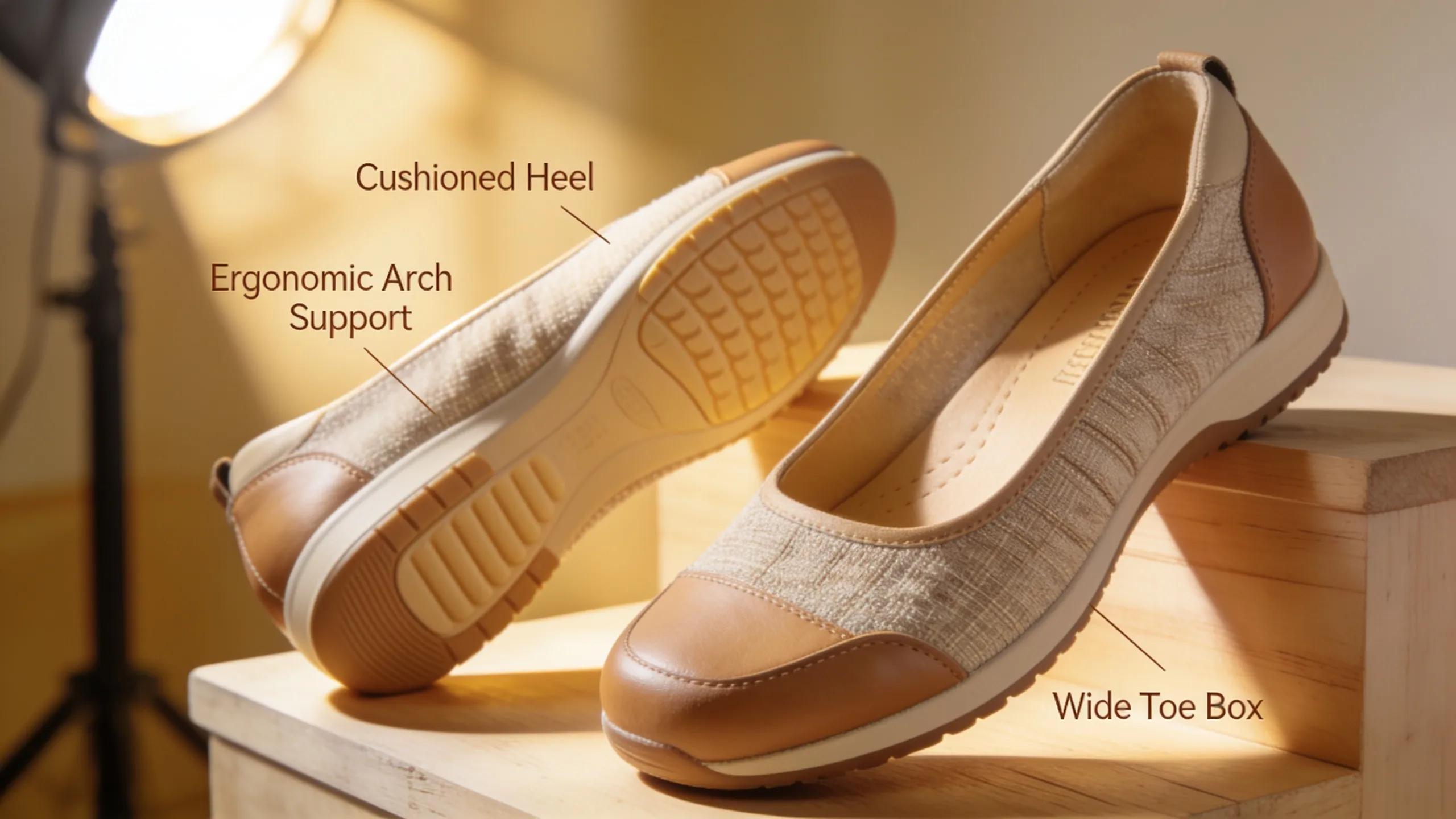 Close-up of orthopedic shoe features for arthritis including cushioning and arch support
