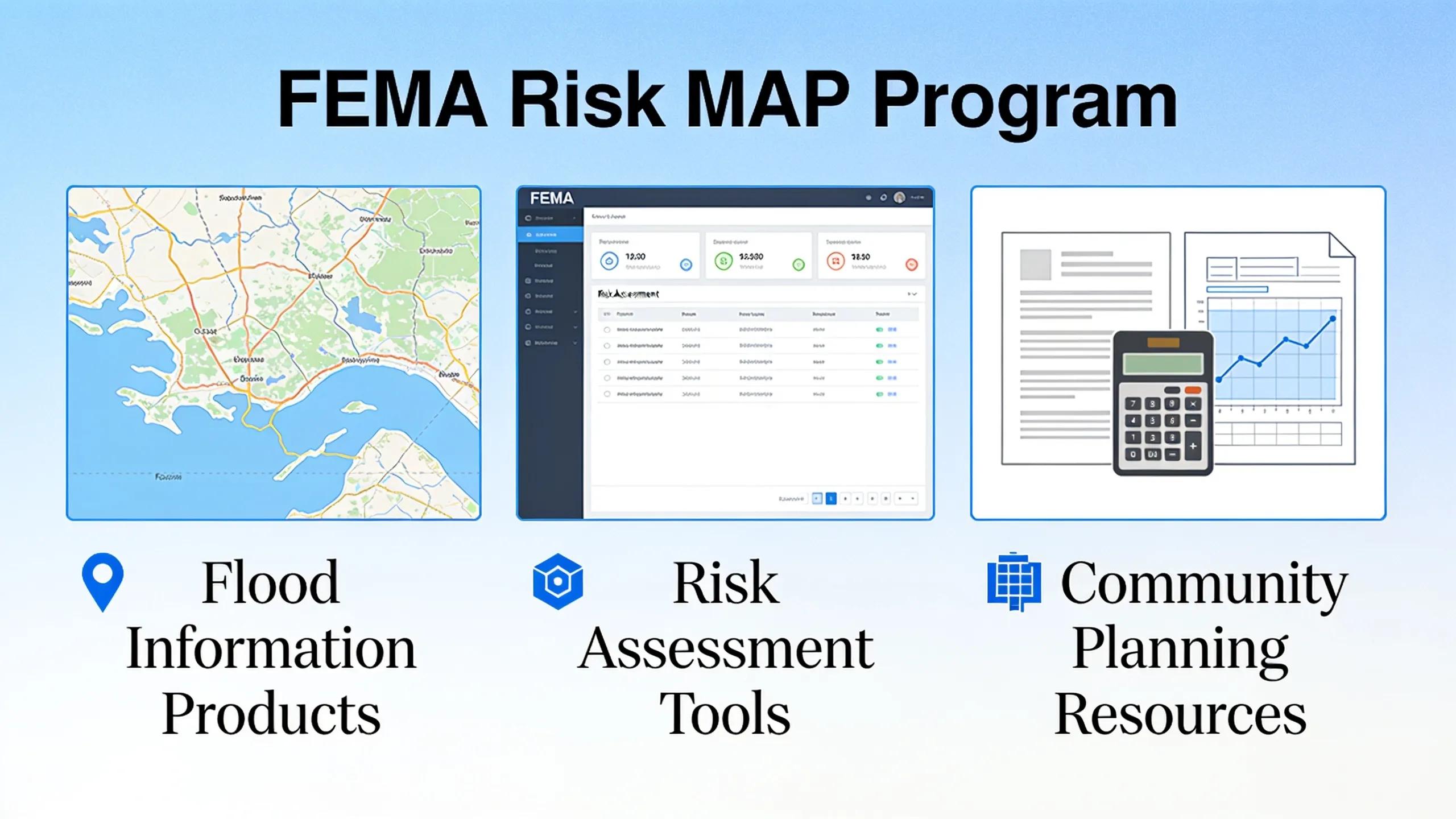 FEMA's Risk MAP program supplies communities with flood information products, risk assessment tools, and planning