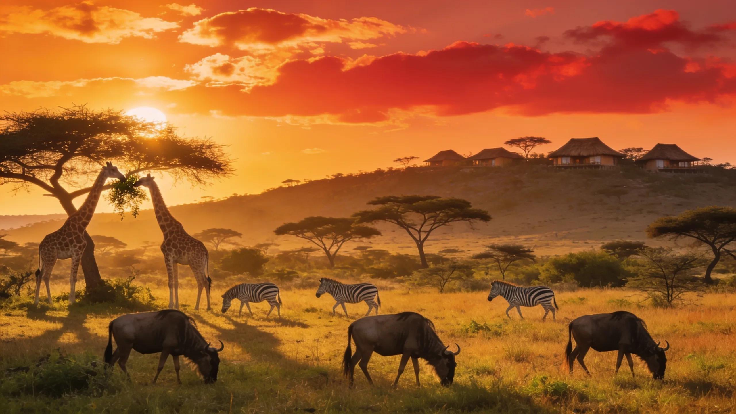 Sunset view over Maasai Mara showing wildlife and lodges