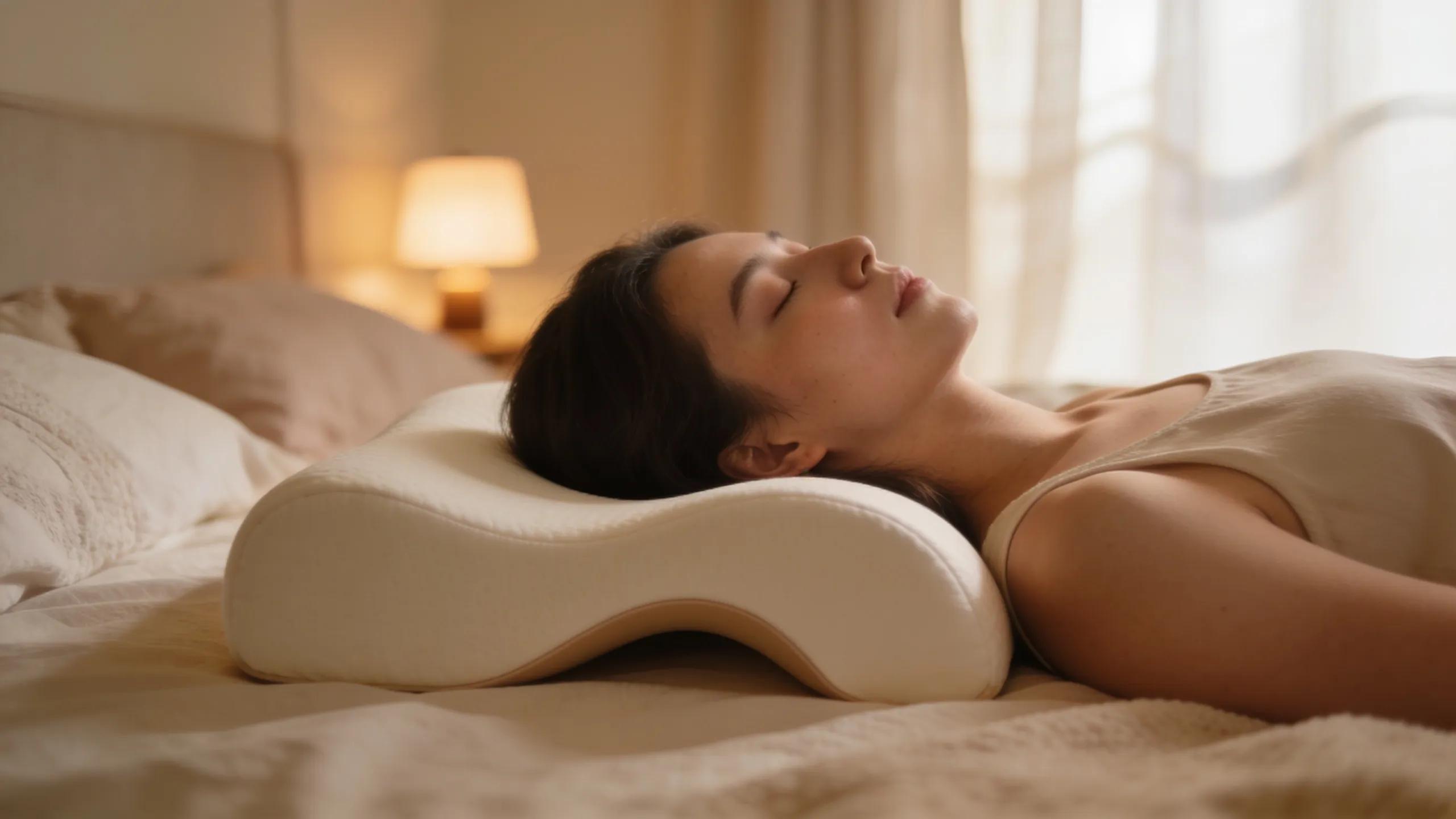 A person sleeping soundly on an ergonomic pillow, demonstrating effective neck support and spinal alignment.