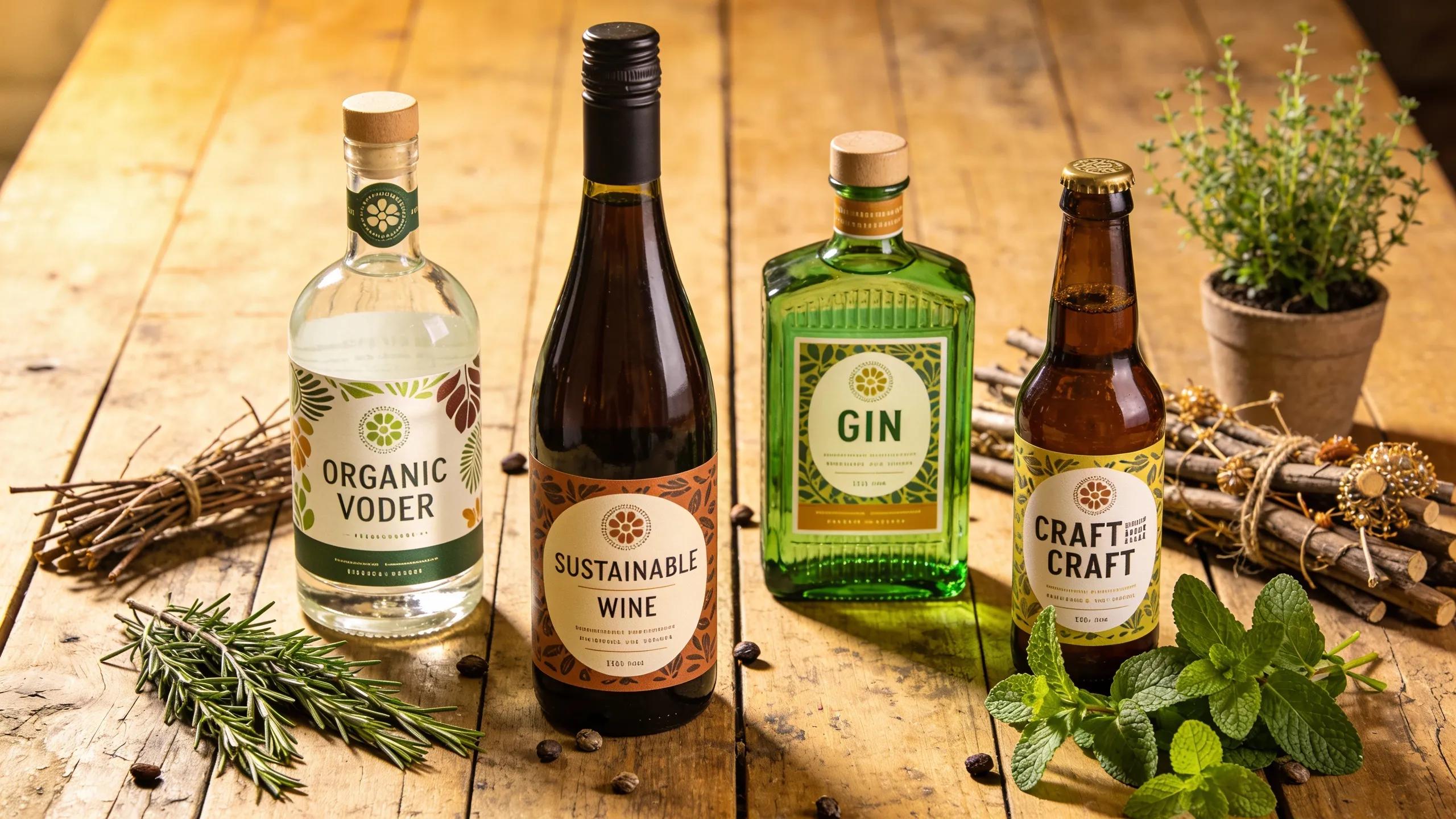 Selection of eco-friendly alcoholic beverages including organic vodka, sustainable wine, and green gin on a rustic wooden table