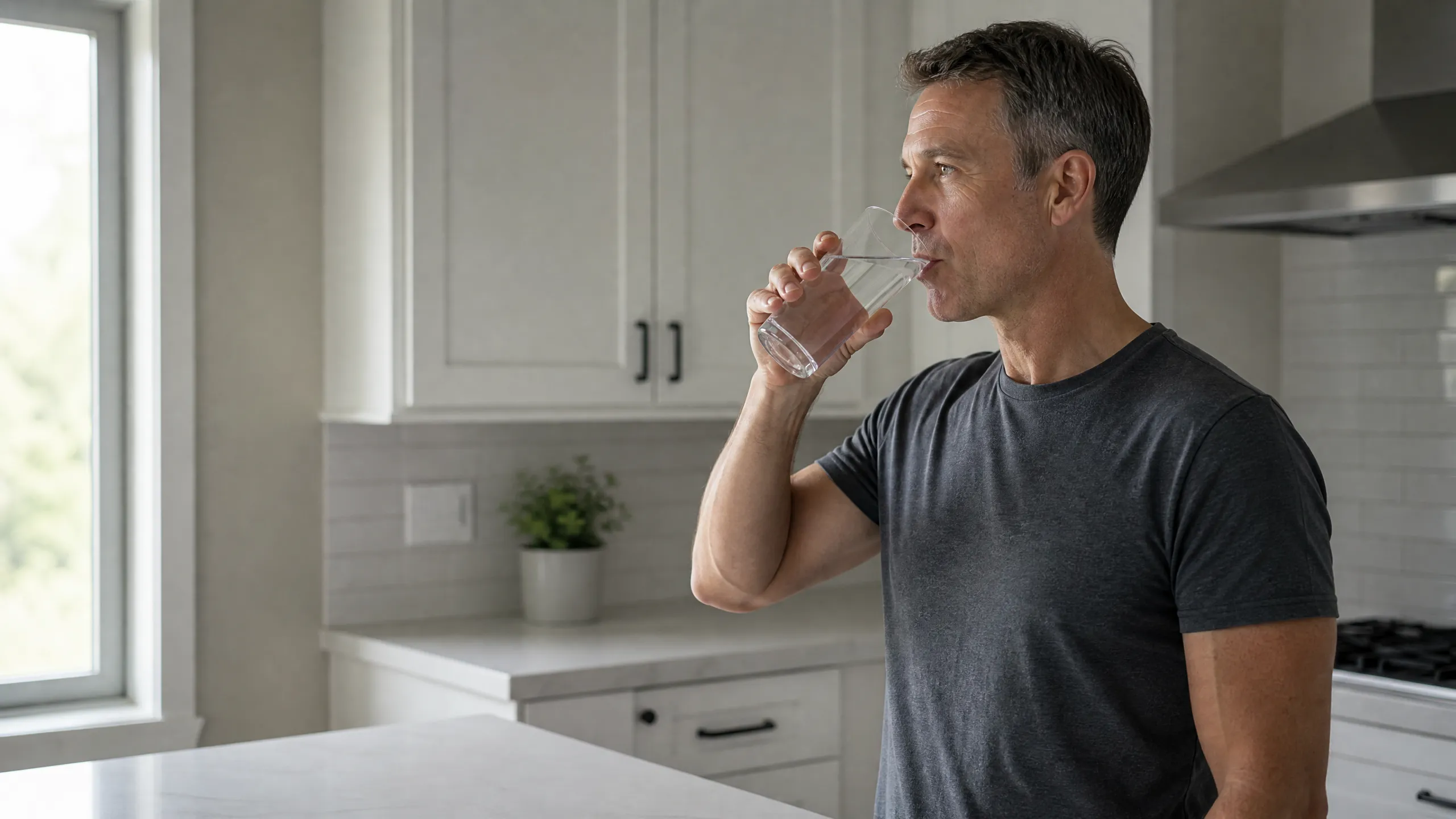 Veteran in his 50s drinking a glass of water in a bright kitchen early in the morning