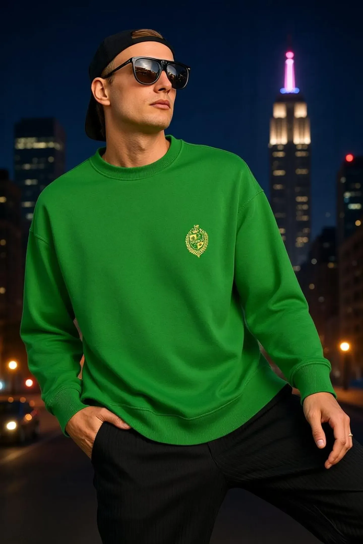 Diverse individuals in sustainable sweatshirts in an urban setting, highlighting eco-friendly fashion choices