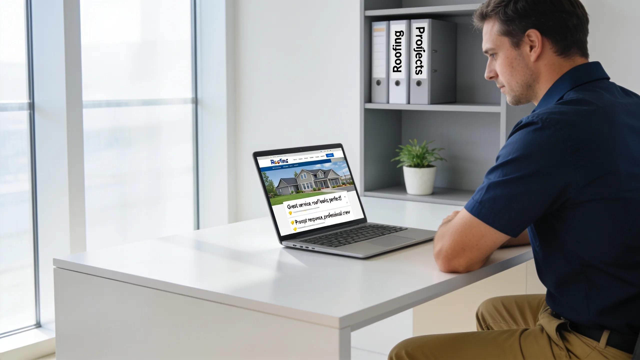 Roofing contractor monitoring online reviews in a modern office setting