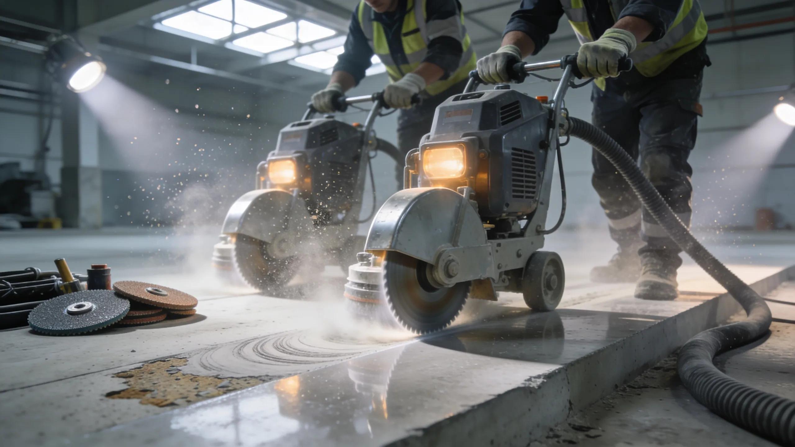 Technicians performing the polished concrete installation process in a commercial area