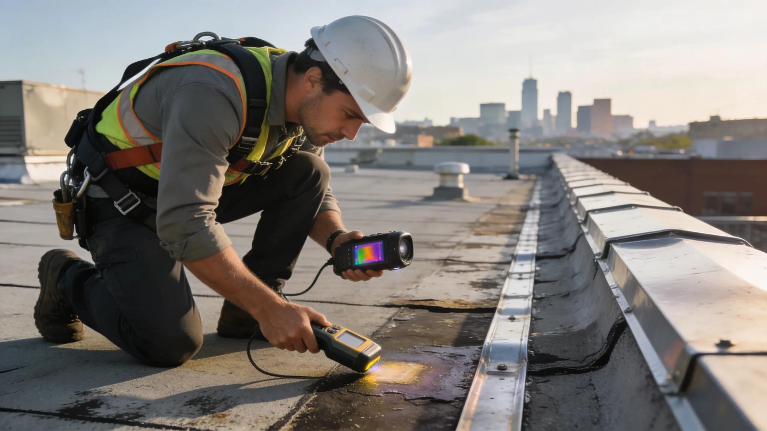 Professional roof inspector evaluating a commercial roof with advanced tools