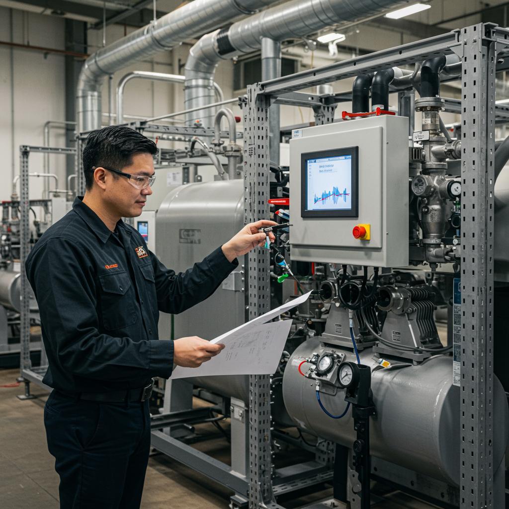 Technician performing routine maintenance on an industrial compressed air system, emphasizing energy optimization