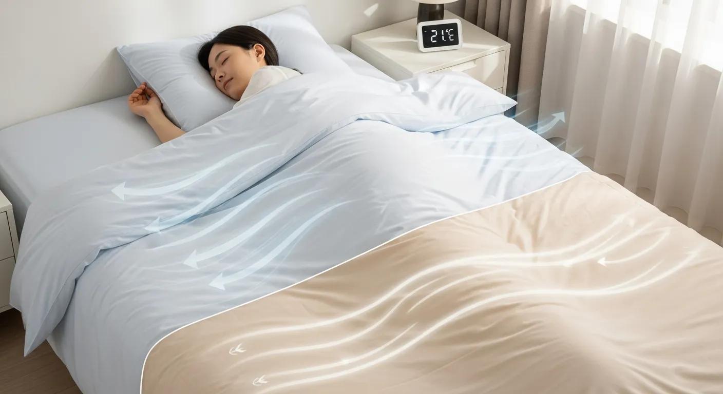 Person sleeping under a bamboo duvet cover — showing temperature control and airflow