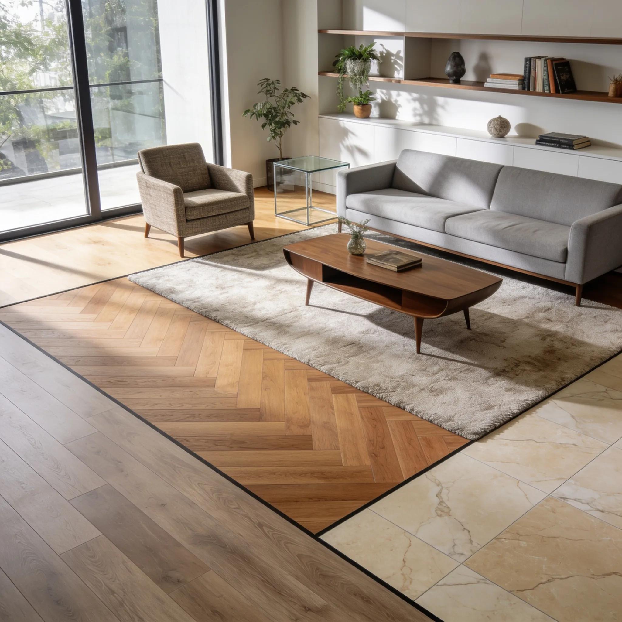 Contemporary living room showcasing a range of flooring options