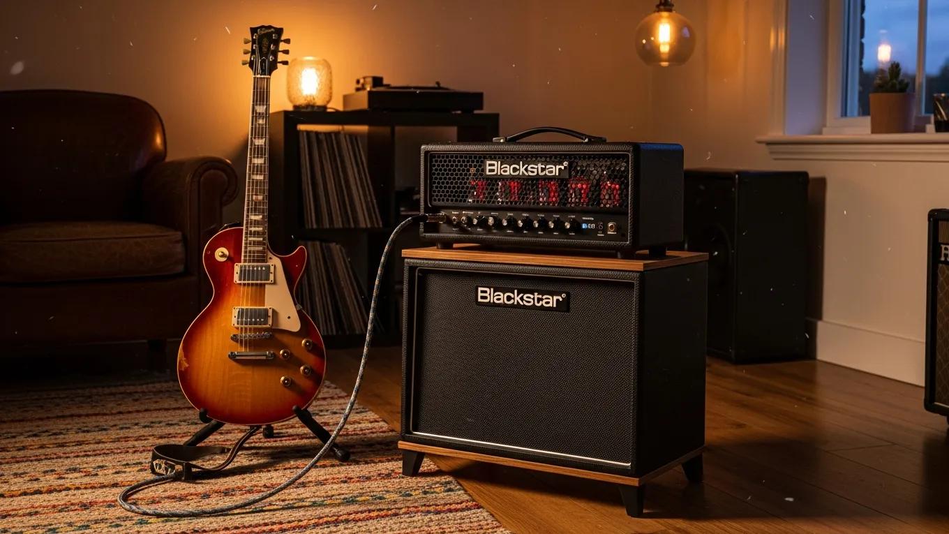 Blackstar HT Series amplifier in a cozy home music setup with a guitar