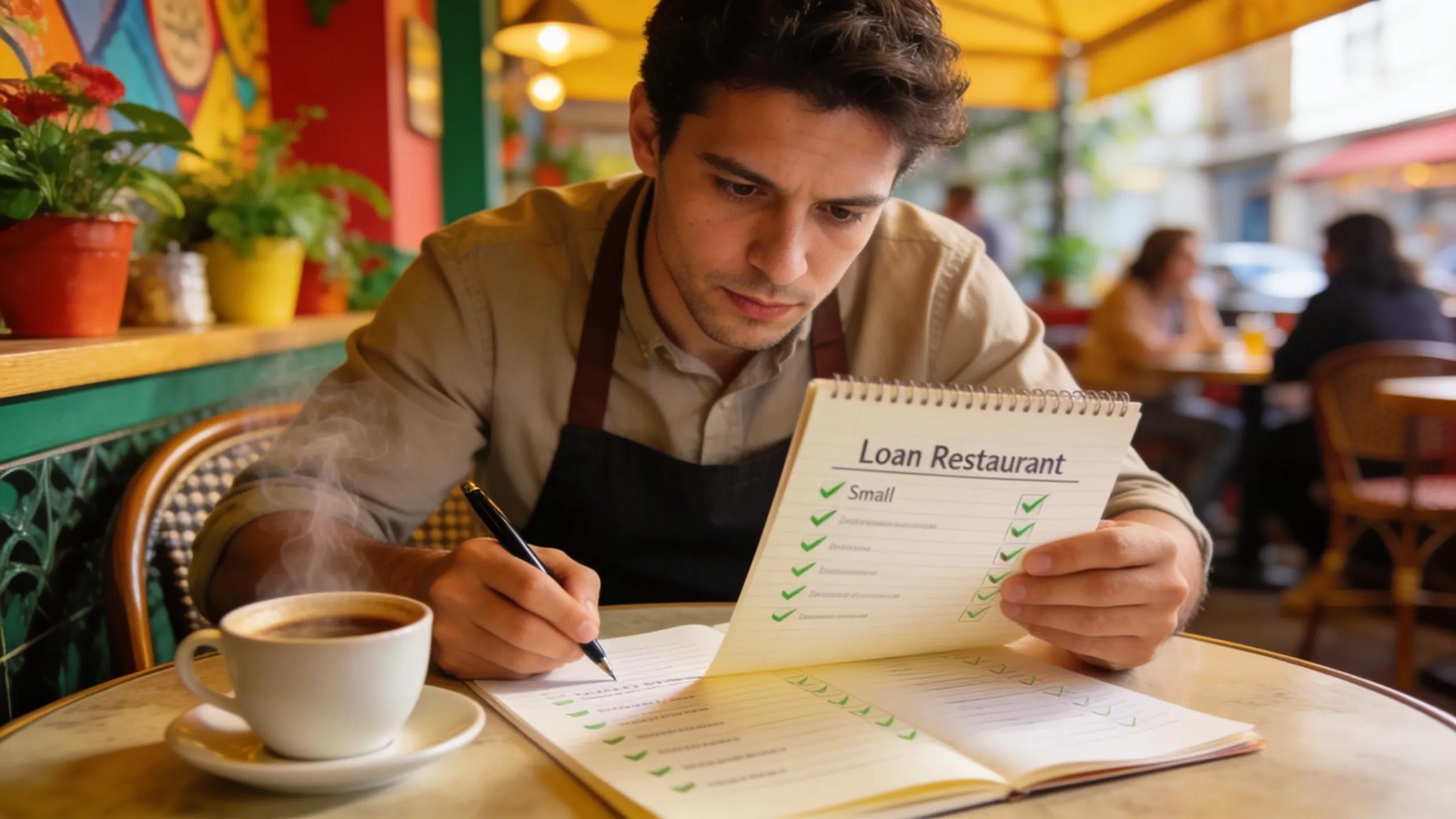 Restaurant owner reviewing financing choices at a café, representing decision-making in funding
