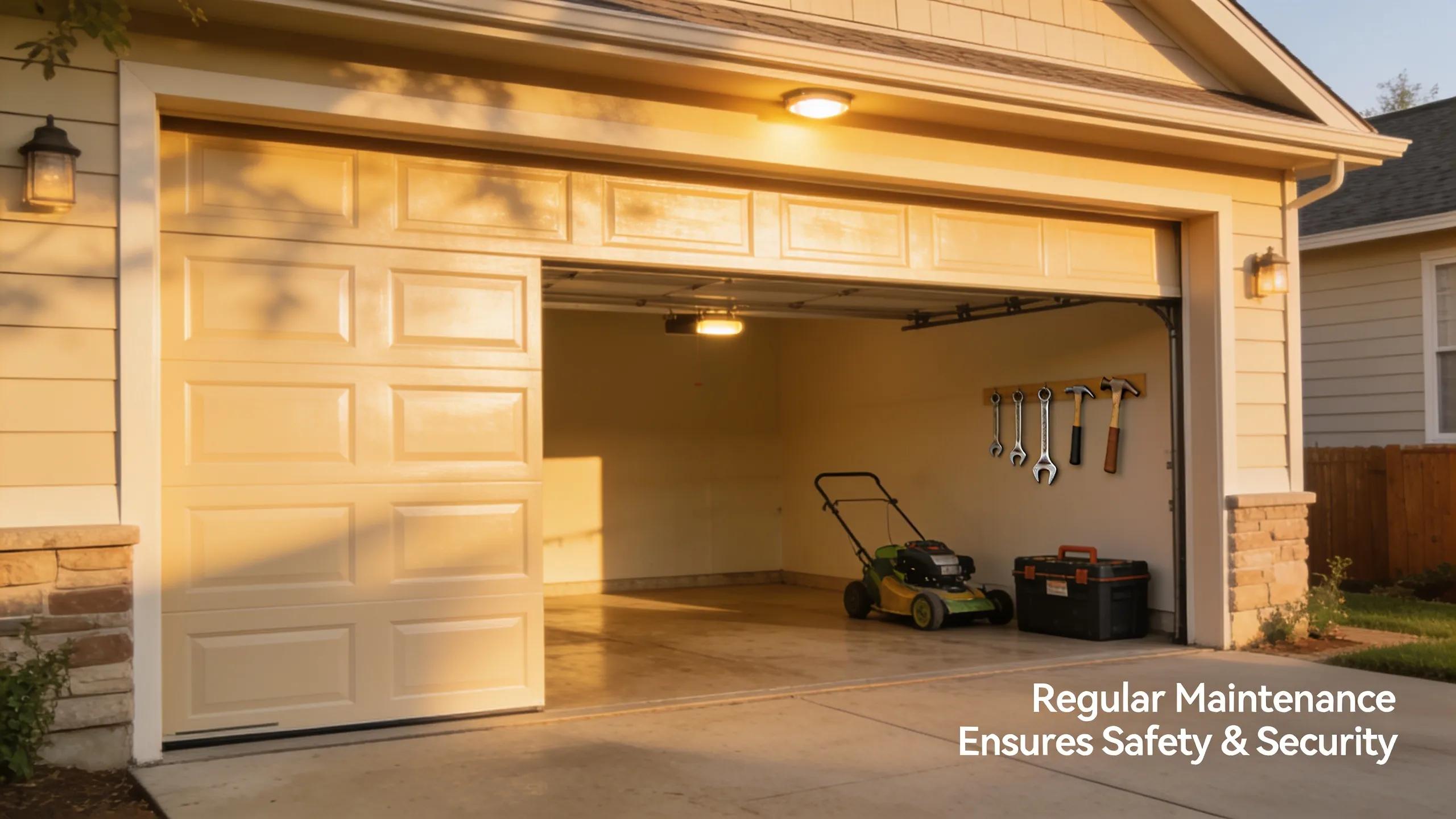 Well-maintained garage door with tools inside, representing safety and maintenance tips for homeowners