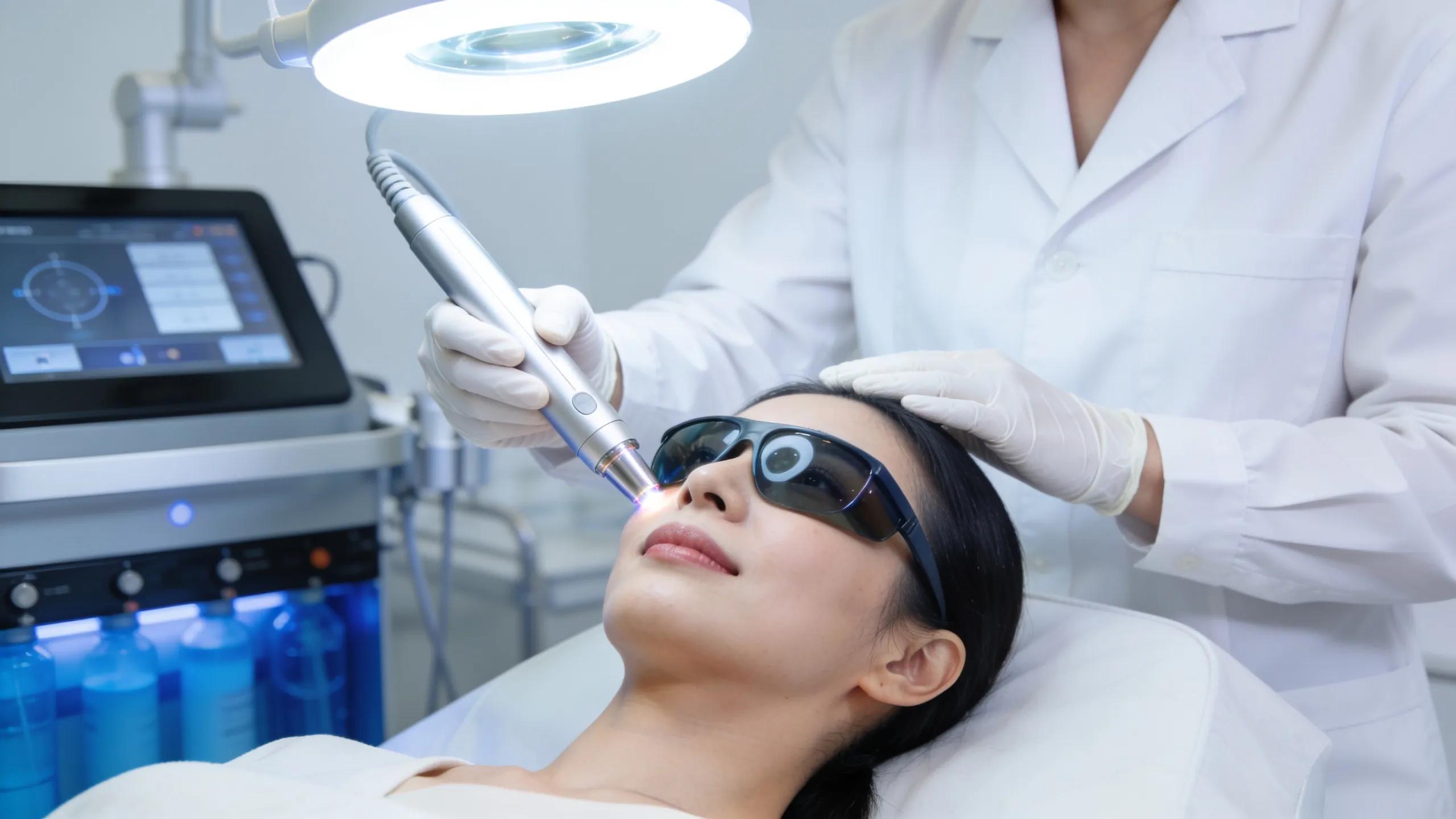 Dermatologist using laser technology for skin resurfacing treatment on a patient