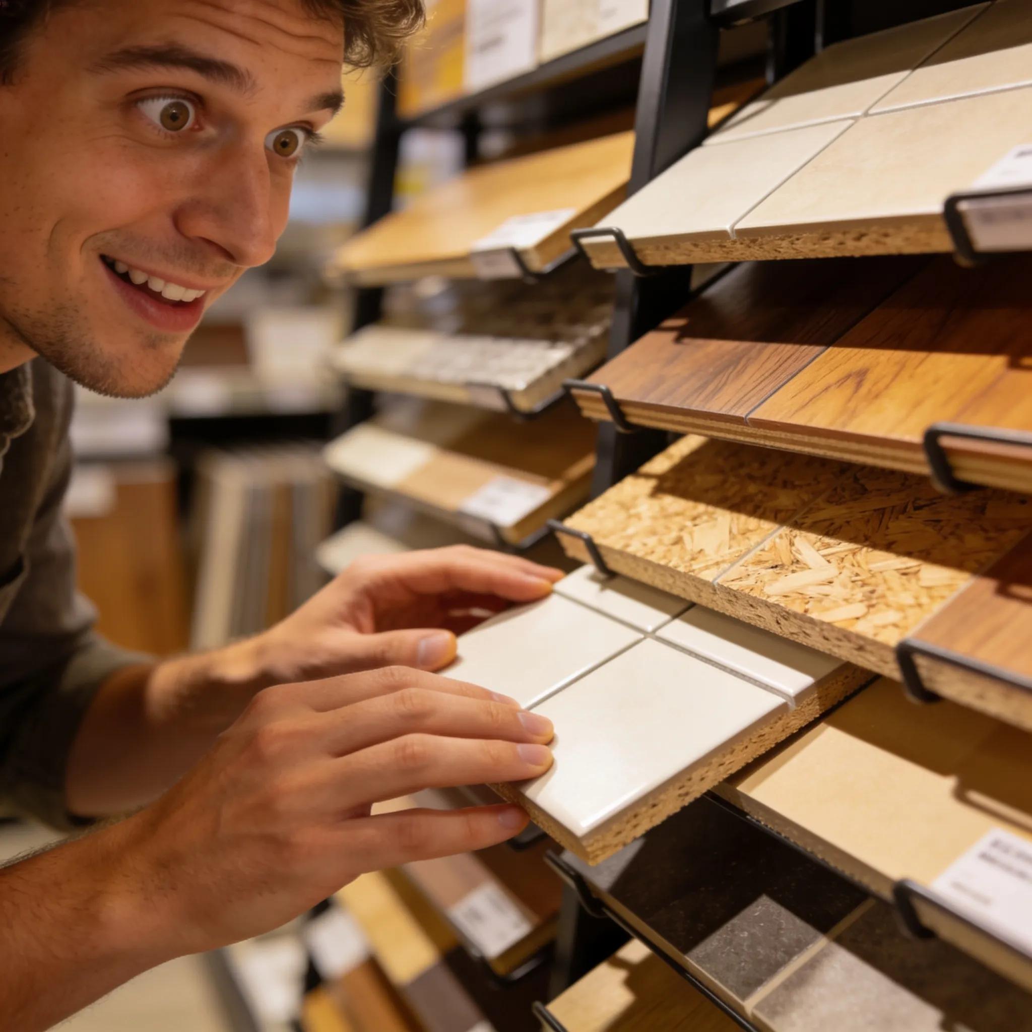 Customer handling flooring samples, showing tactile evaluation and greater purchase confidence