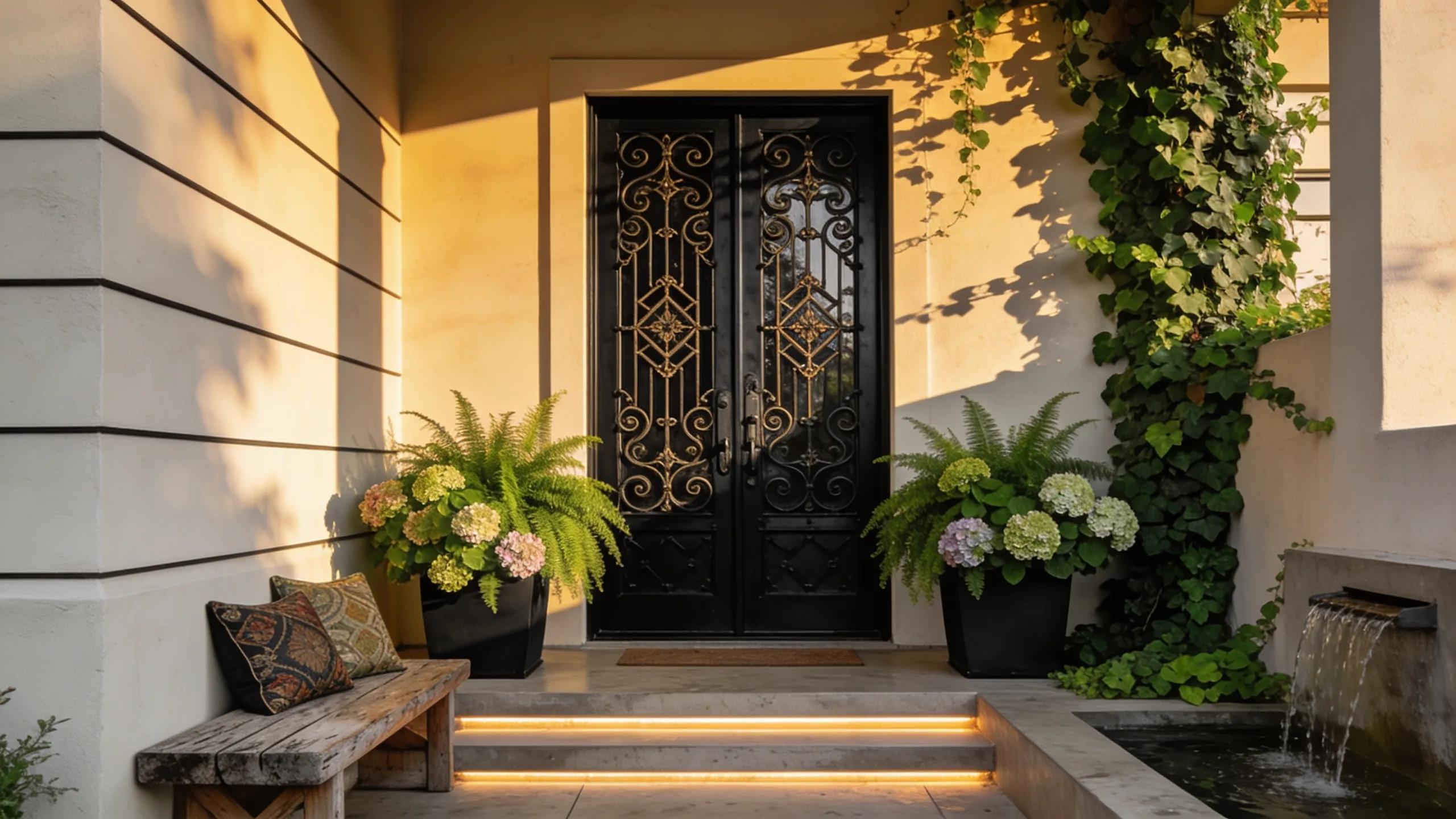 Custom iron door in a modern entryway showcasing intricate design and craftsmanship