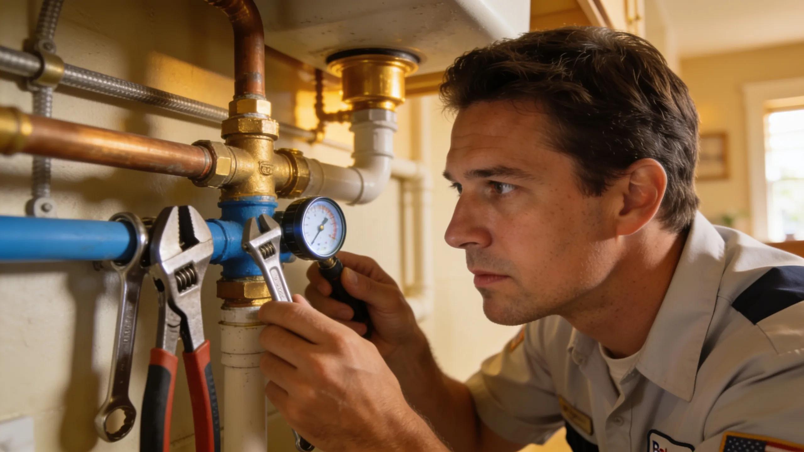 Plumber inspecting residential water line in Bay Area, focusing on leak detection and repairs