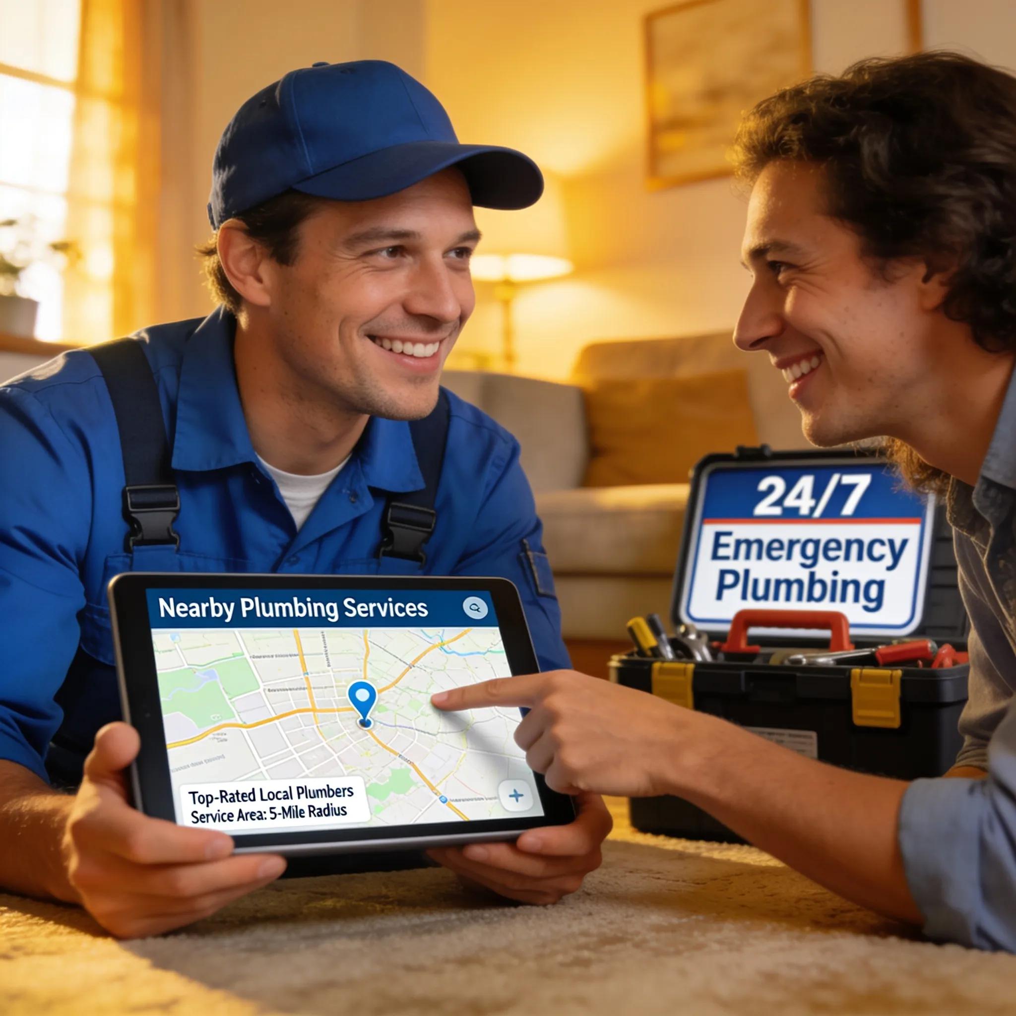 A plumber discussing local search optimization with a homeowner, emphasizing the connection between plumbing services and local visibility