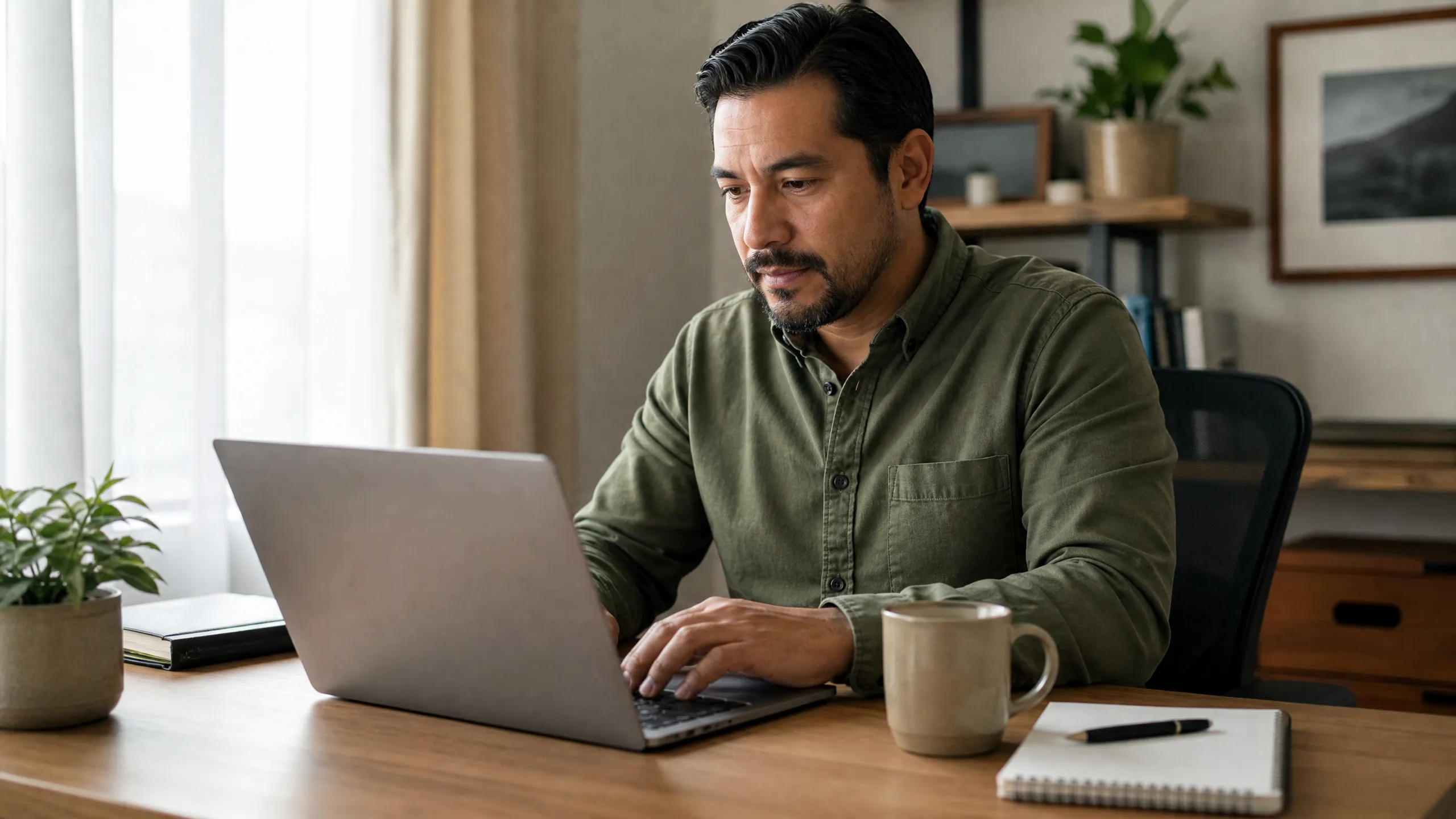 Man in his 40s at a home office desk using a laptop, a coffee mug and notepad beside him