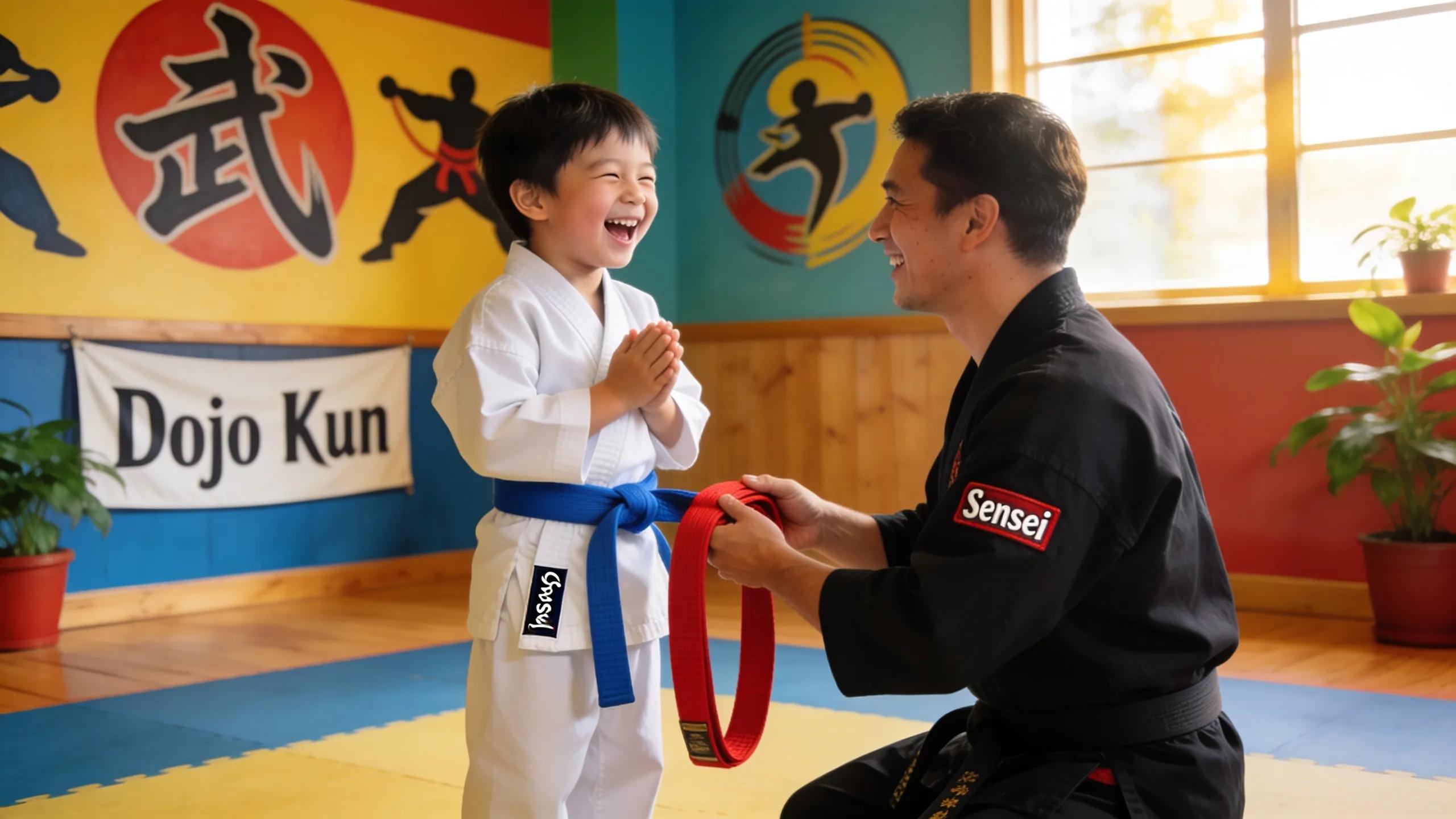 Child receiving a karate belt promotion, showcasing confidence and achievement in martial arts