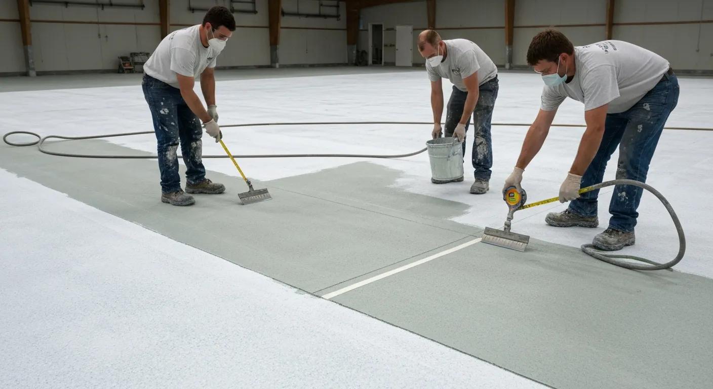 Installation team applying polyaspartic flooring system in a commercial facility