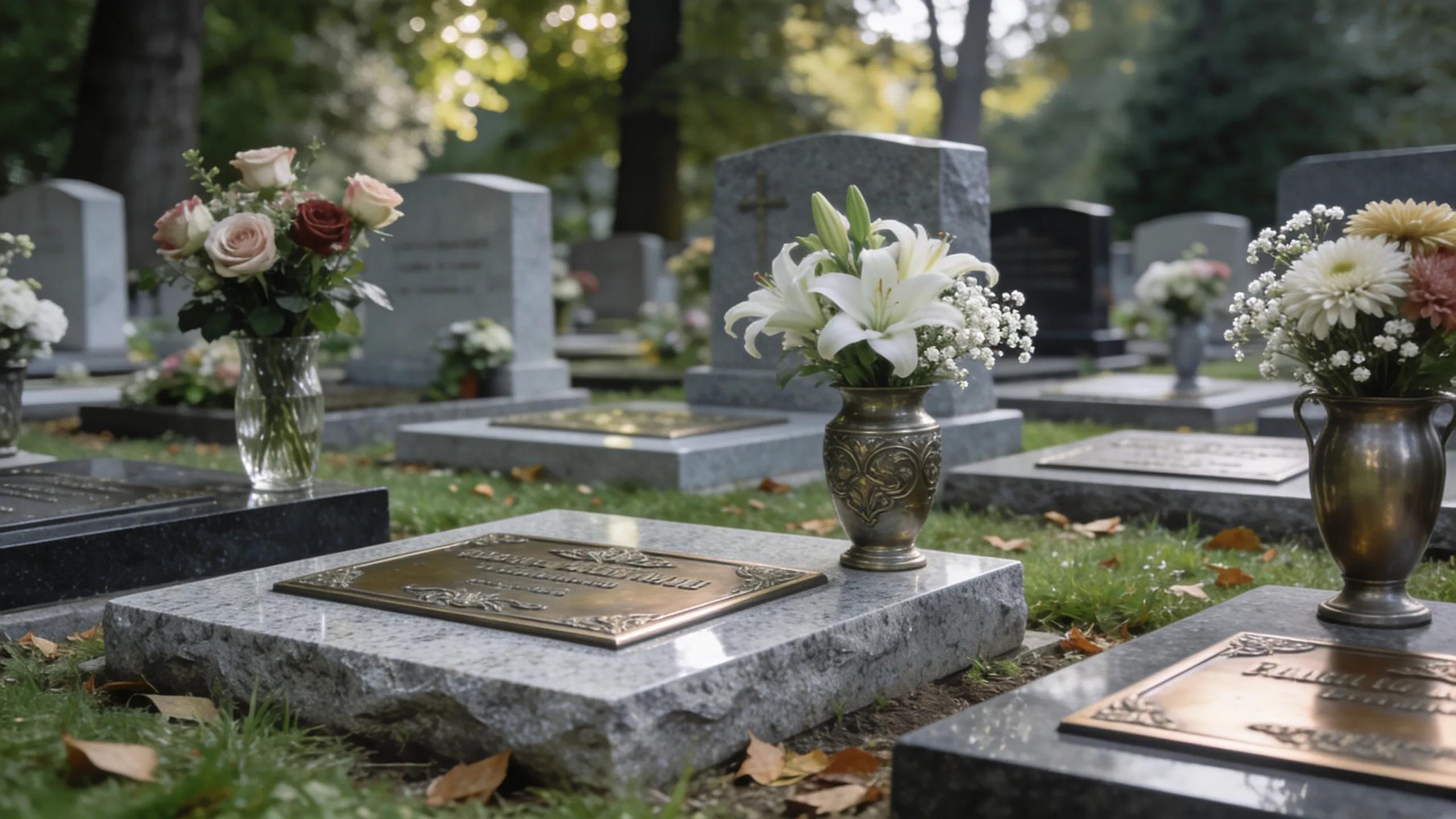 Discover Custom Grave Markers for Lasting Tributes 1 Custom grave markers in a cemetery with floral decorations, symbolizing personalized memorial tributes