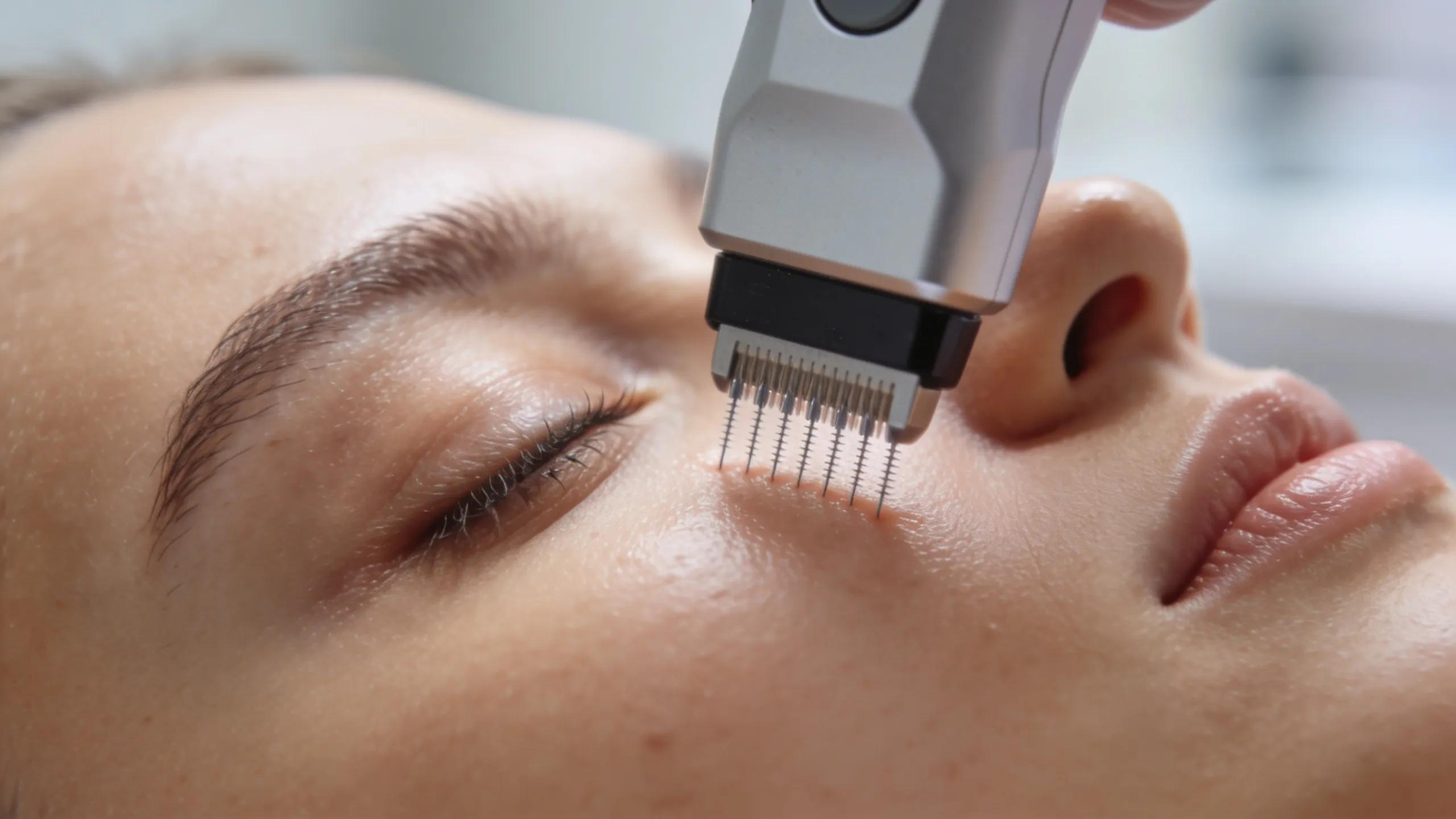 Microneedling device in use on skin, illustrating the treatment process and its precision