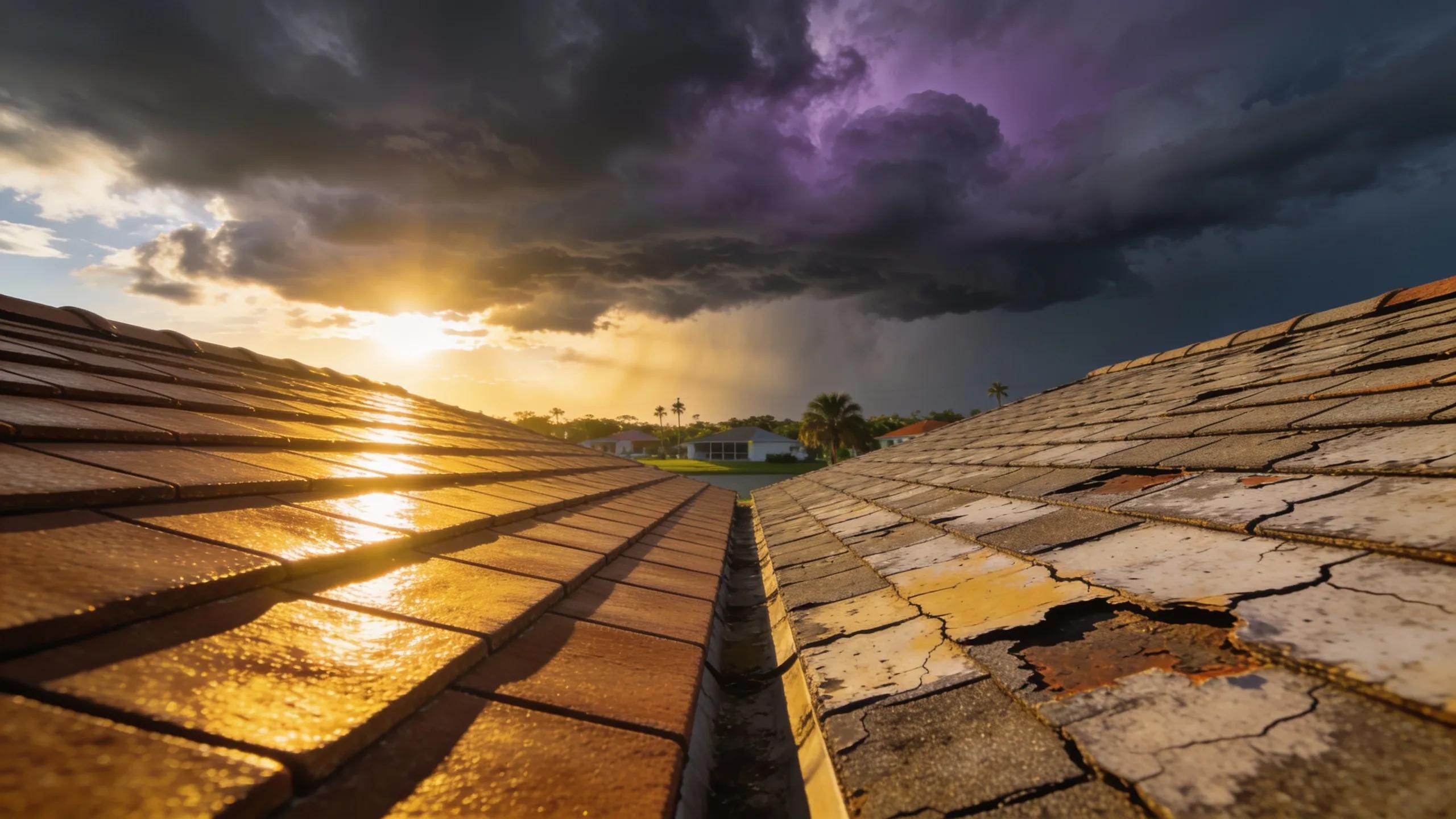 Contrast between well-maintained roofing under bright sun and worn roofing under stormy sky
