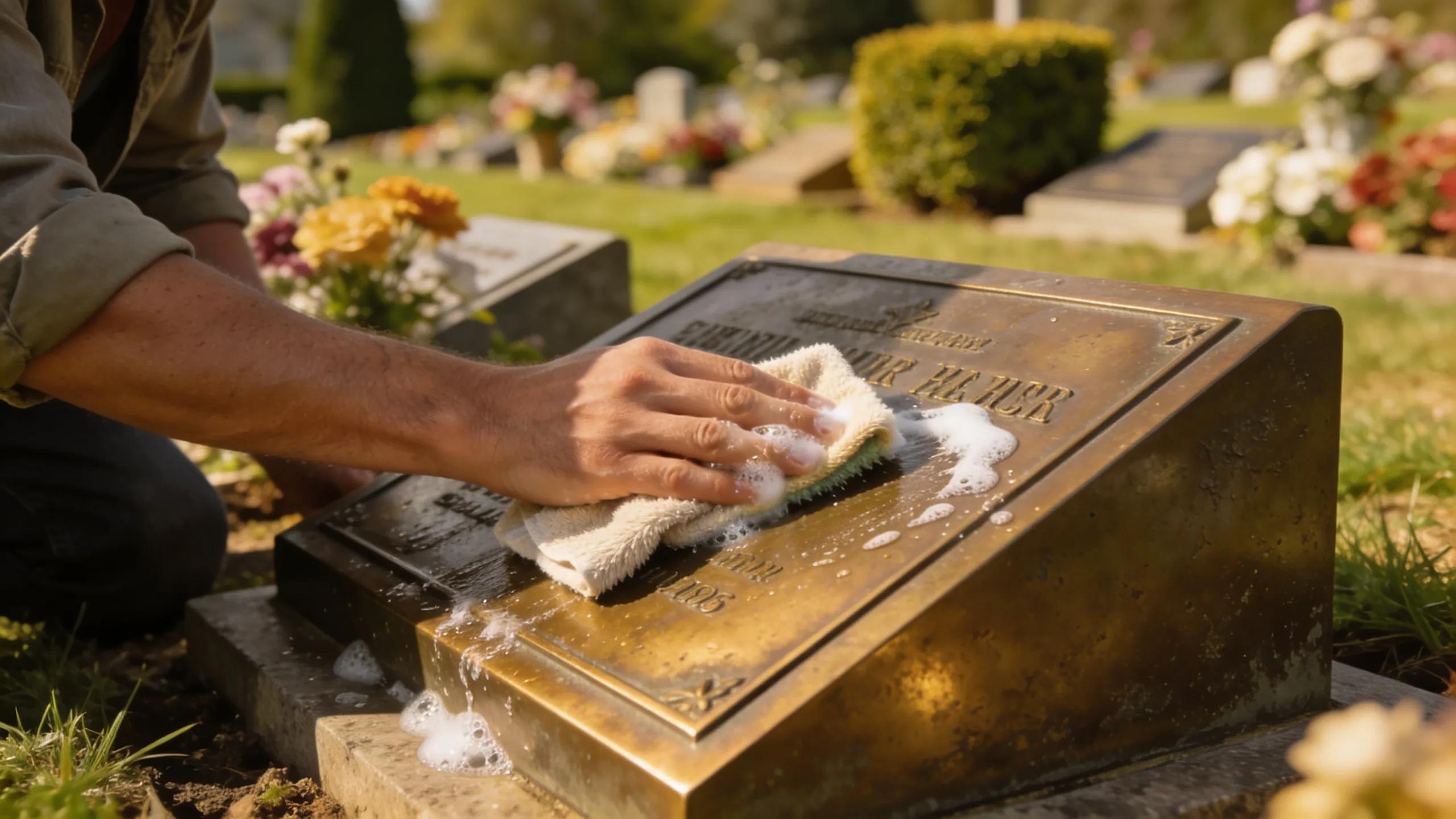 Individual cleaning a bronze cemetery plaque using a soft cloth in a serene setting