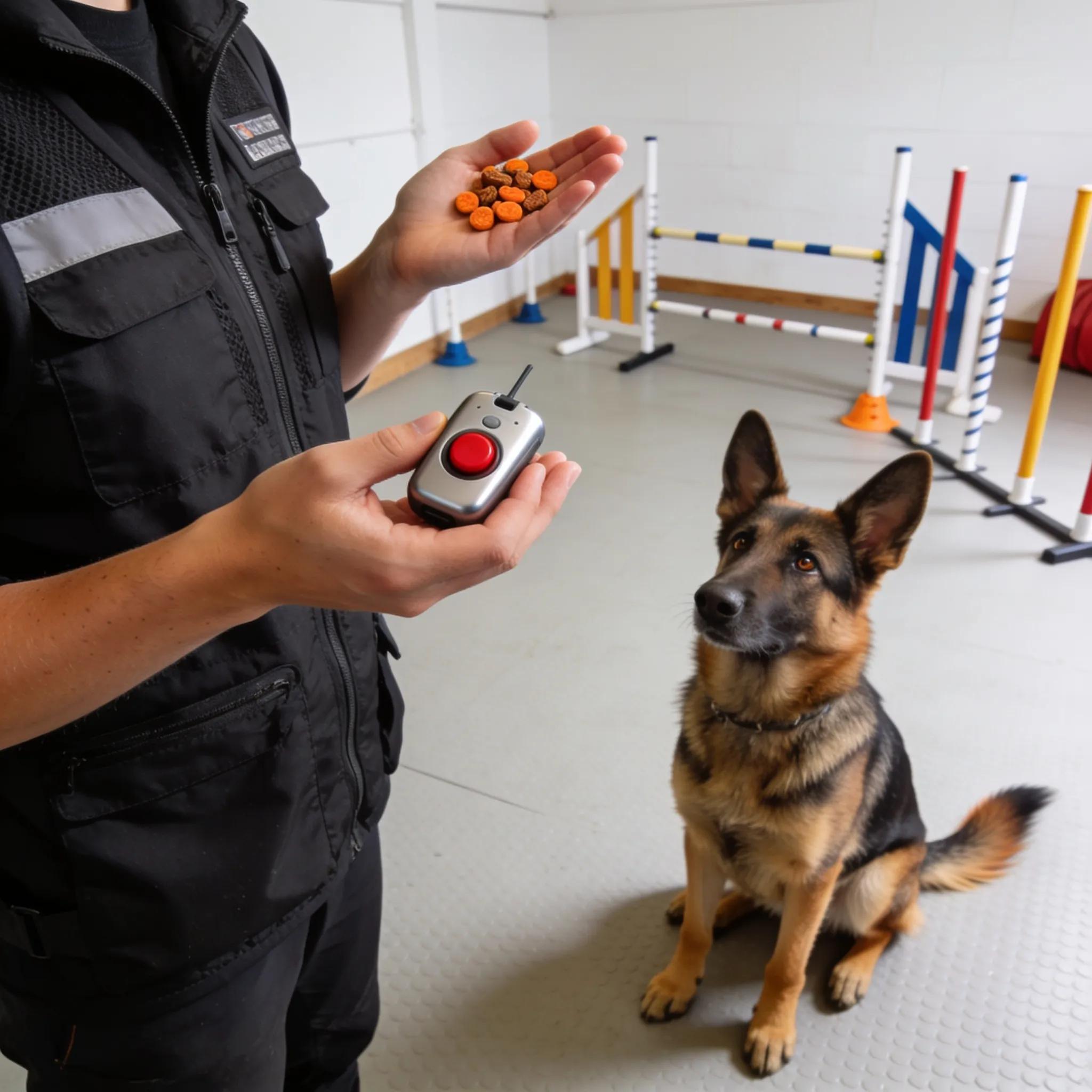 Trainer using clicker training with a German Shepherd focused on commands in an agility-based training environment