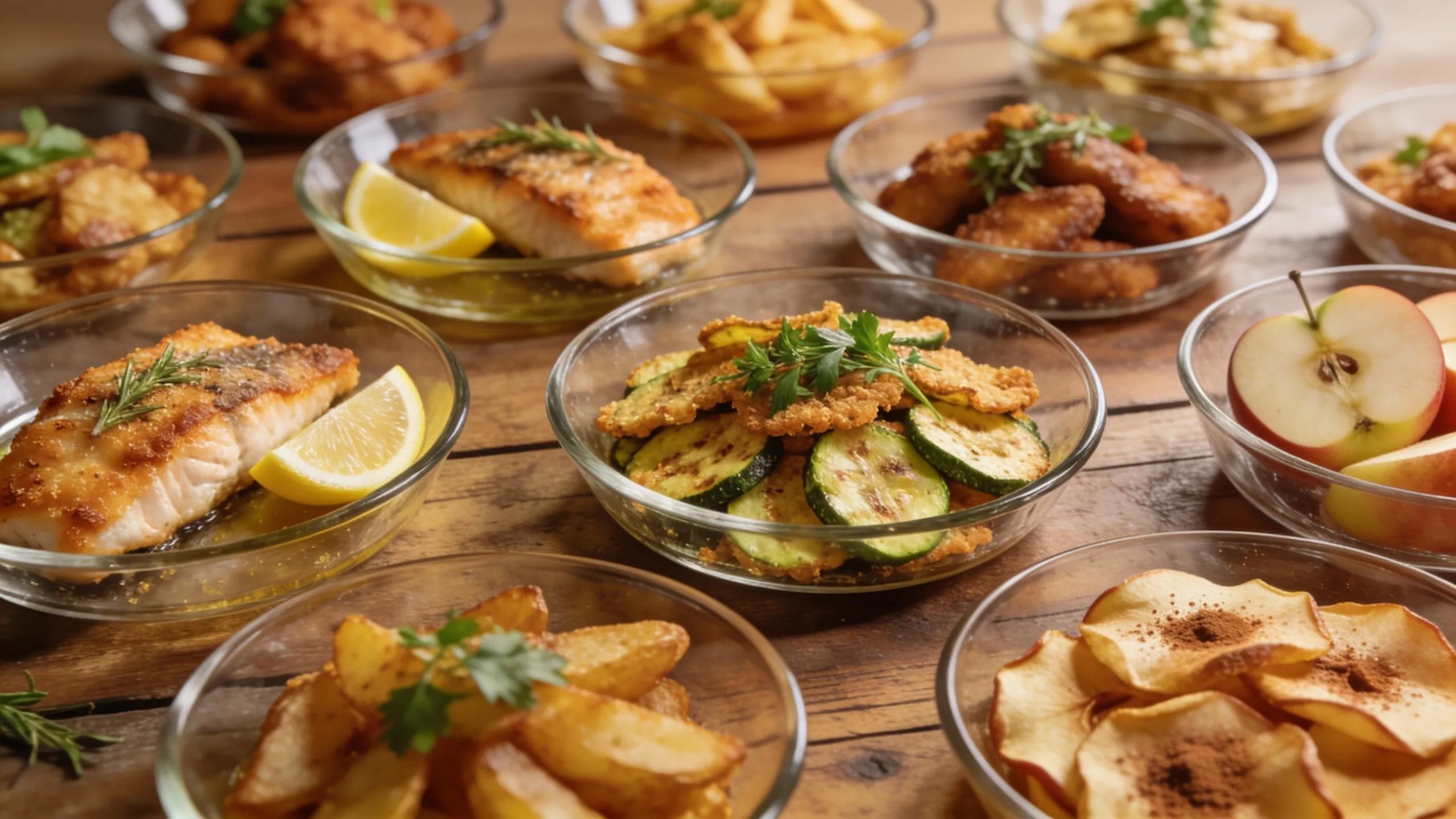 Variety of easy glass air fryer recipes displayed on a rustic table