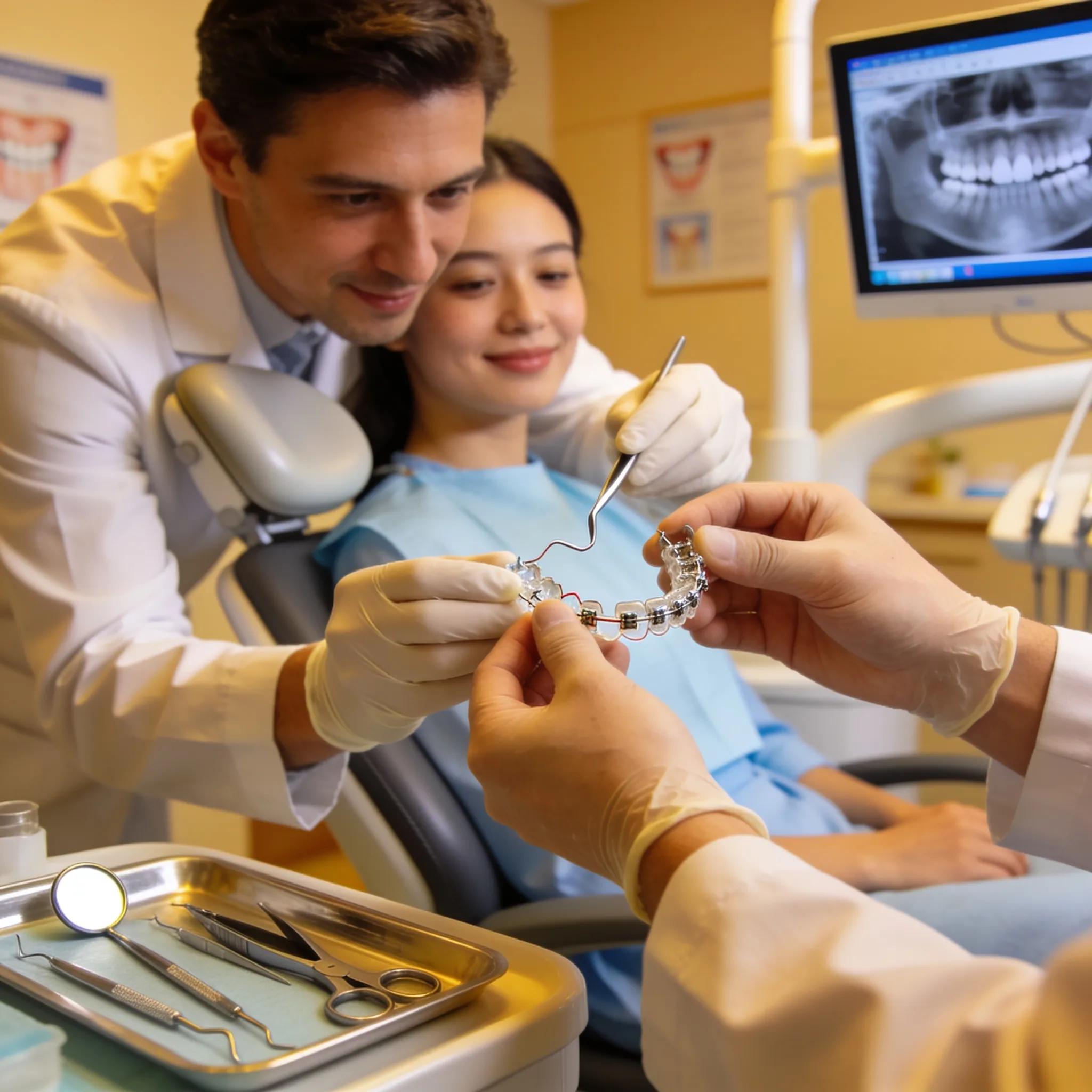 Dental professional assisting a patient with a broken brace in an orthodontic clinic, showcasing emergency care services