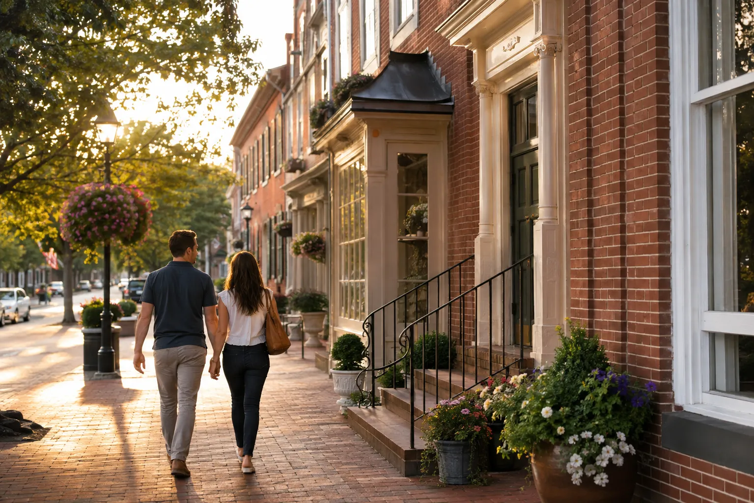 A couple walking through the historic downtown district of Leesburg, Virginia, with brick storefronts and tree-lined sidewalks visible, capturing the community character that sets Loudoun apart. A couple walking through the historic downtown district of Leesburg, Virginia, with brick storefronts and tree-lined sidewalks visible, capturing the community character that sets Loudoun apart.