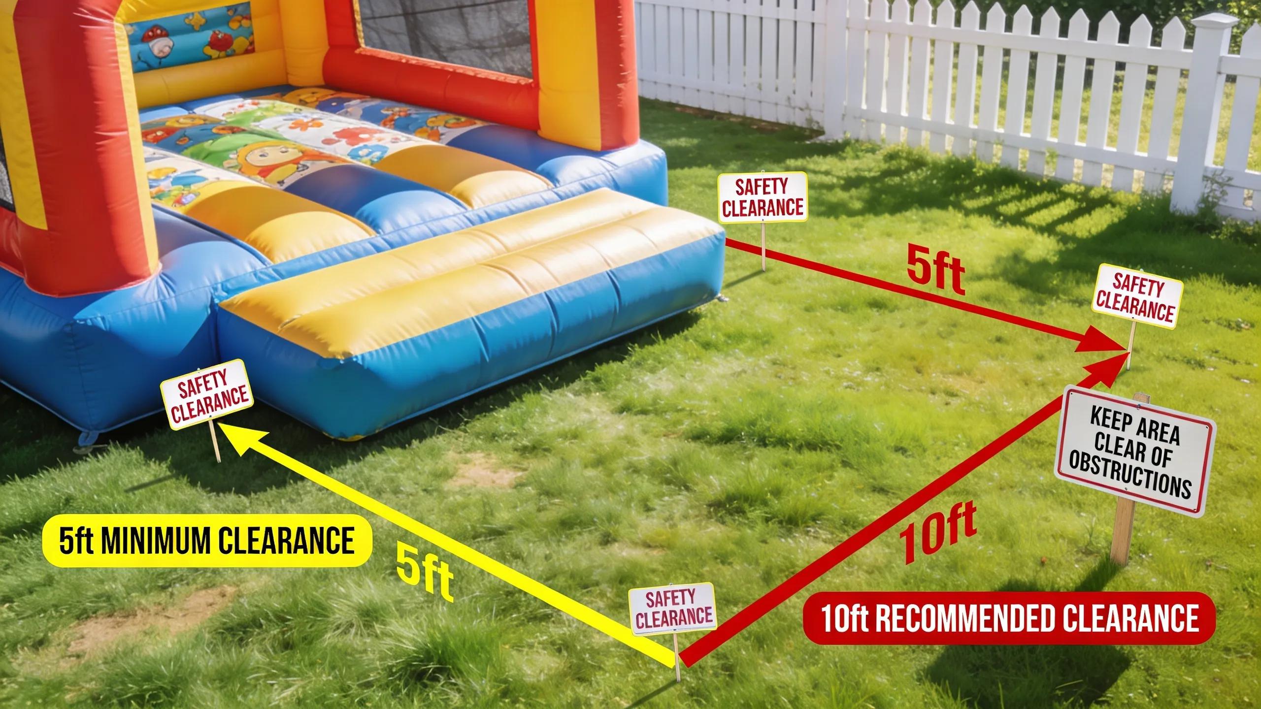 Bounce house with clear safety clearance zones in a residential yard