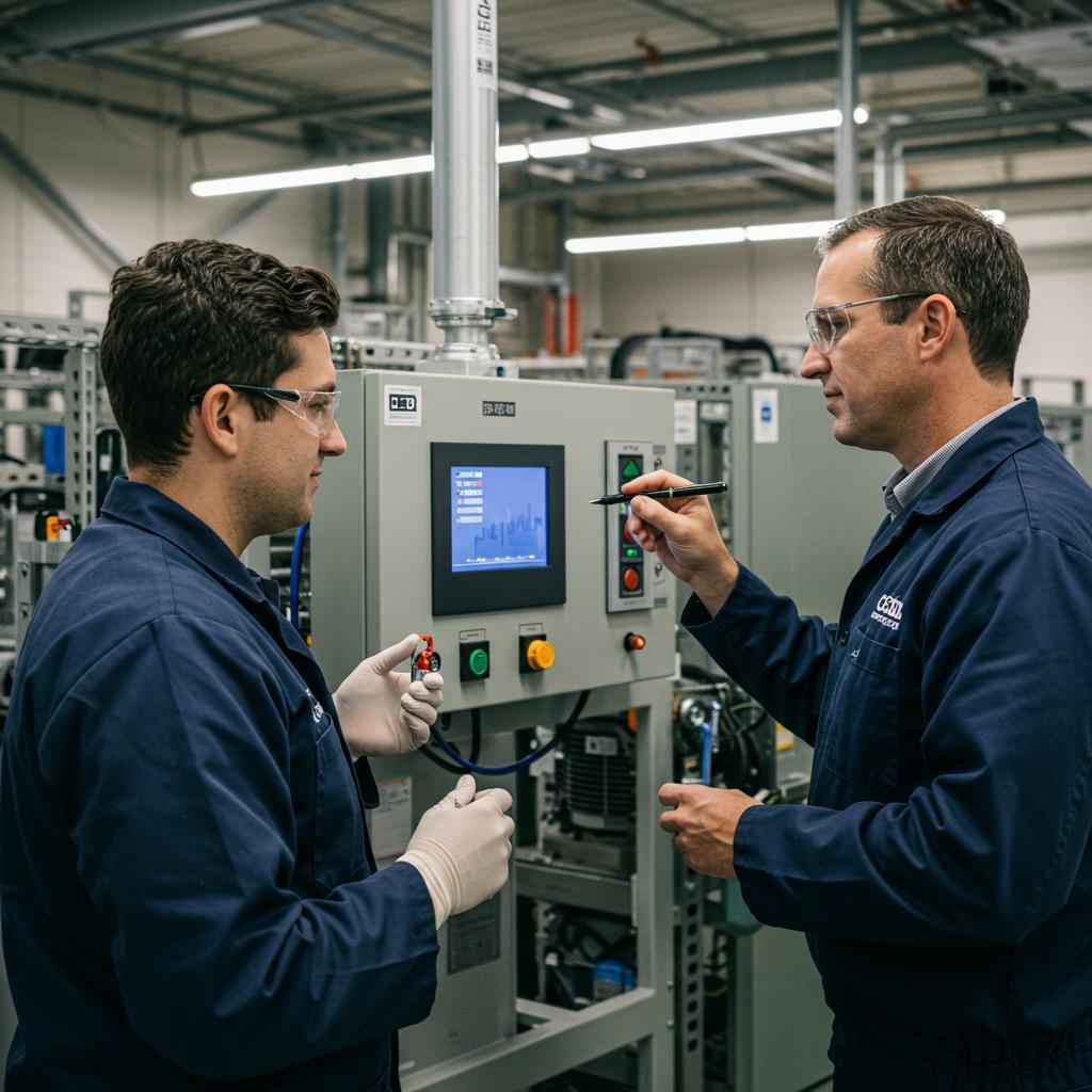 ### Main Subjects - Two technicians engaged in a discussion - One technician operating a