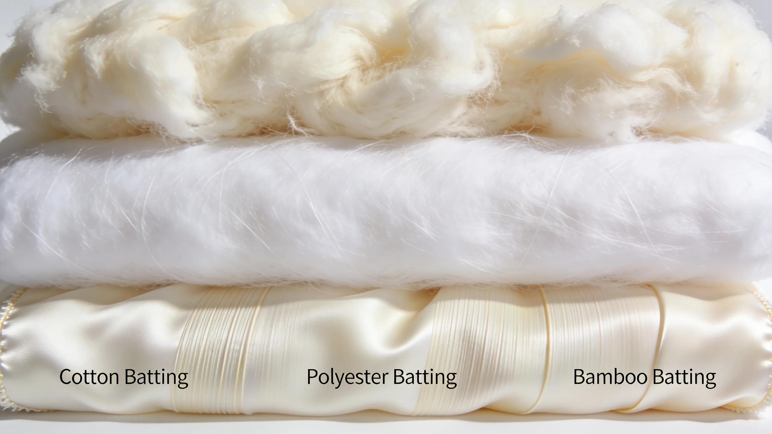 Close-up of various quilting batting types: cotton, polyester, and bamboo